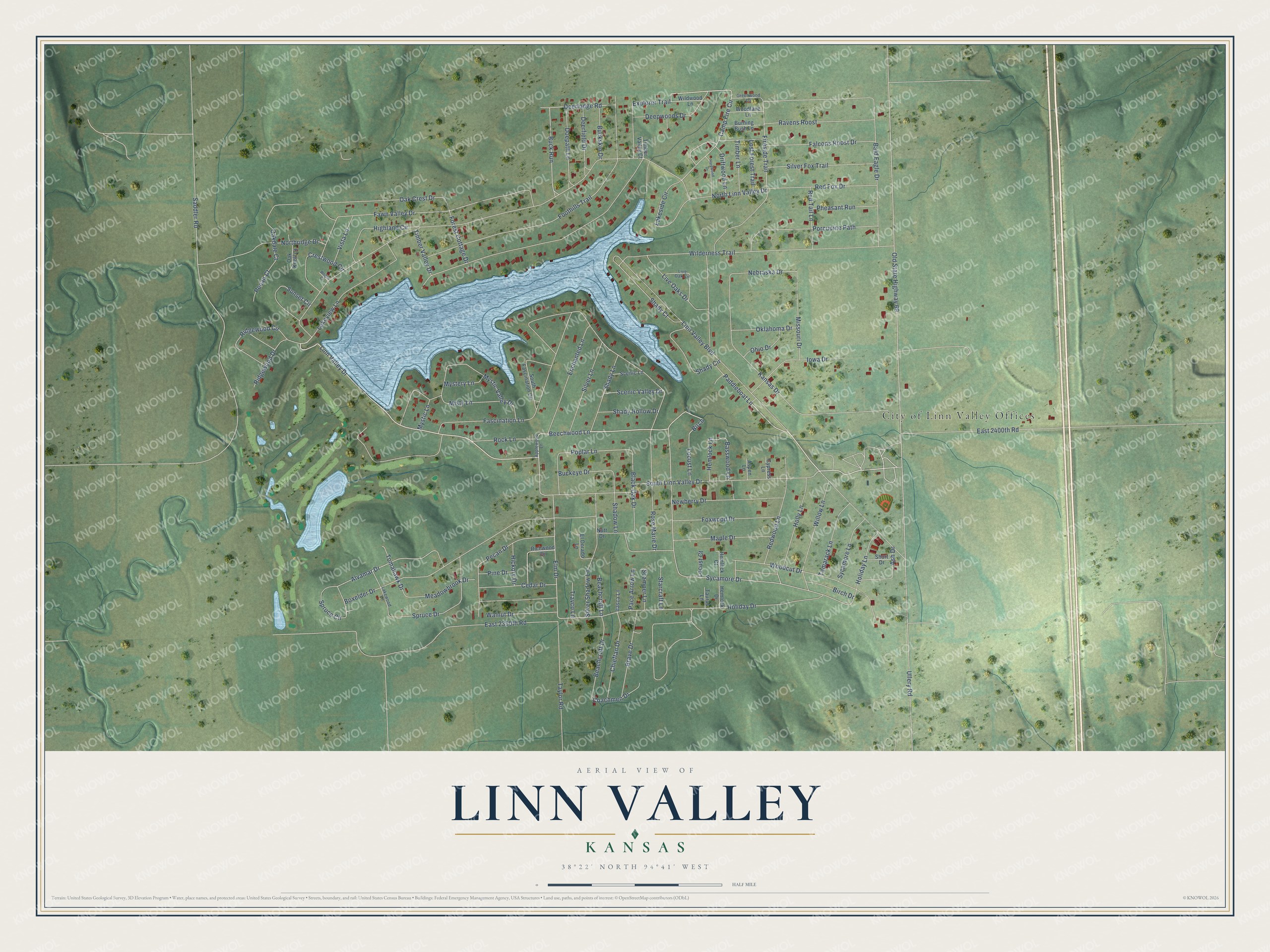 Full map of Linn Valley, Kansas, with red buildings, printed street names and the land around them