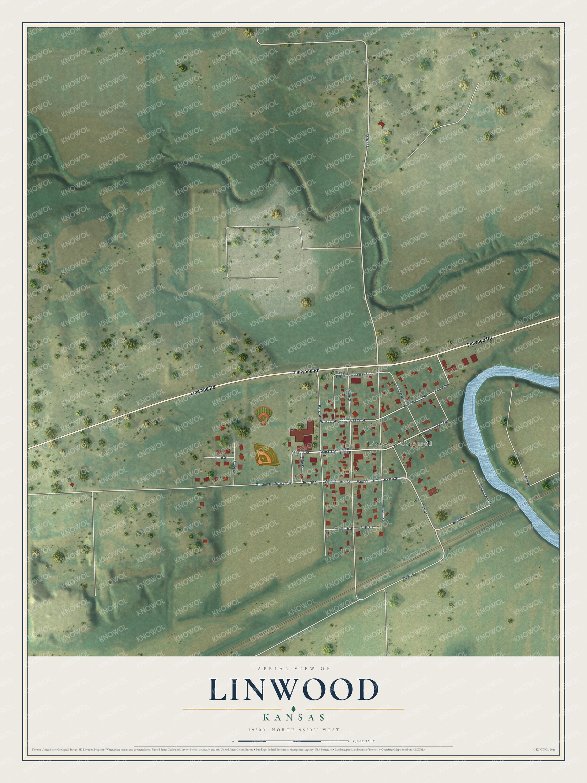 Full map of Linwood, Kansas, with red buildings, printed street names and the land around them