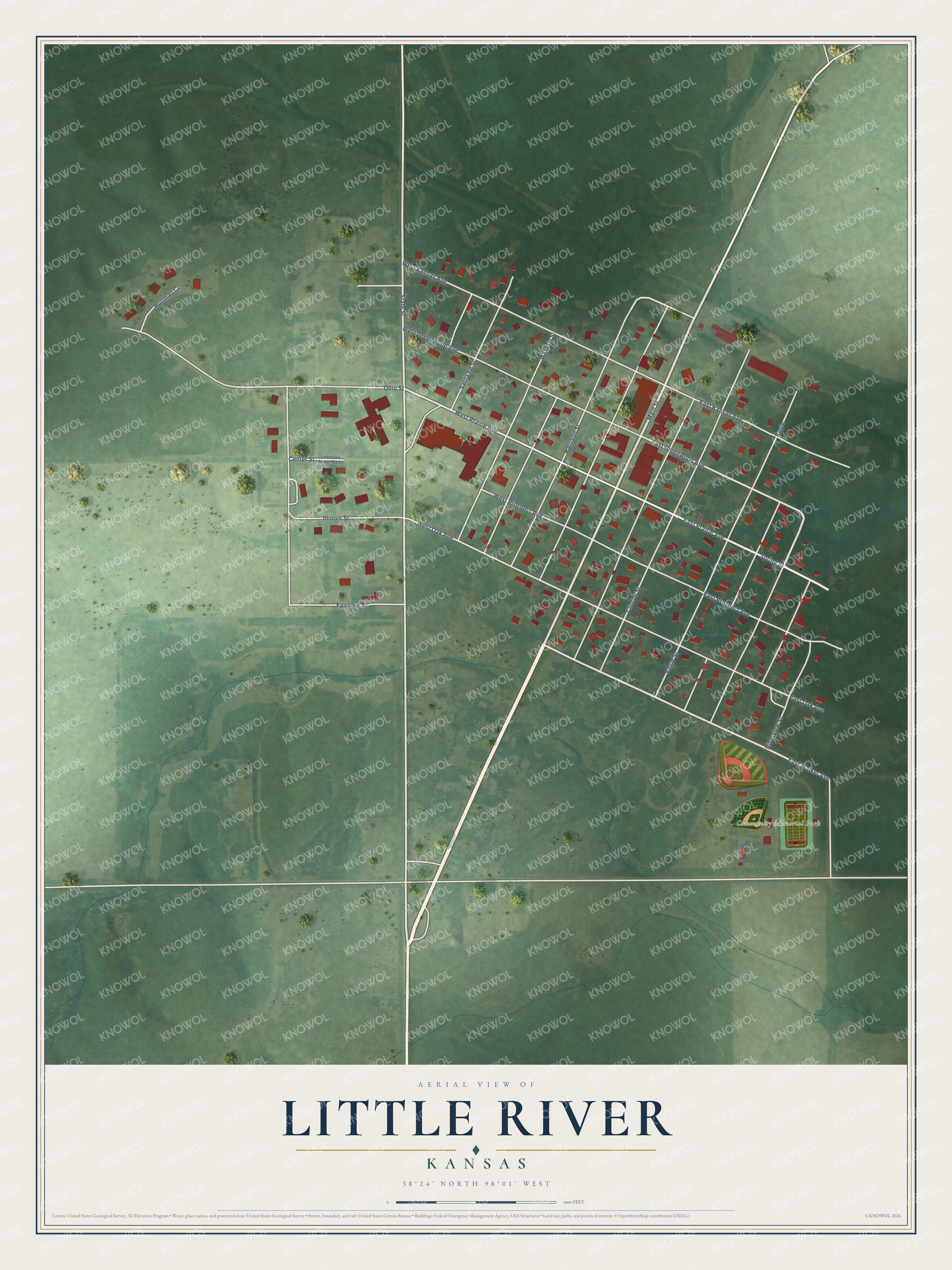 Full map of Little River, Kansas, with red buildings, printed street names and the land around them