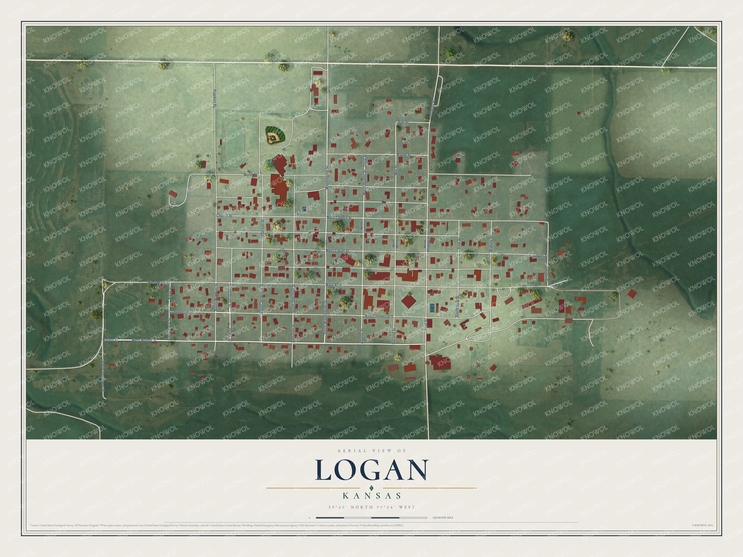 Full map of Logan, Kansas, with red buildings, printed street names and the land around them