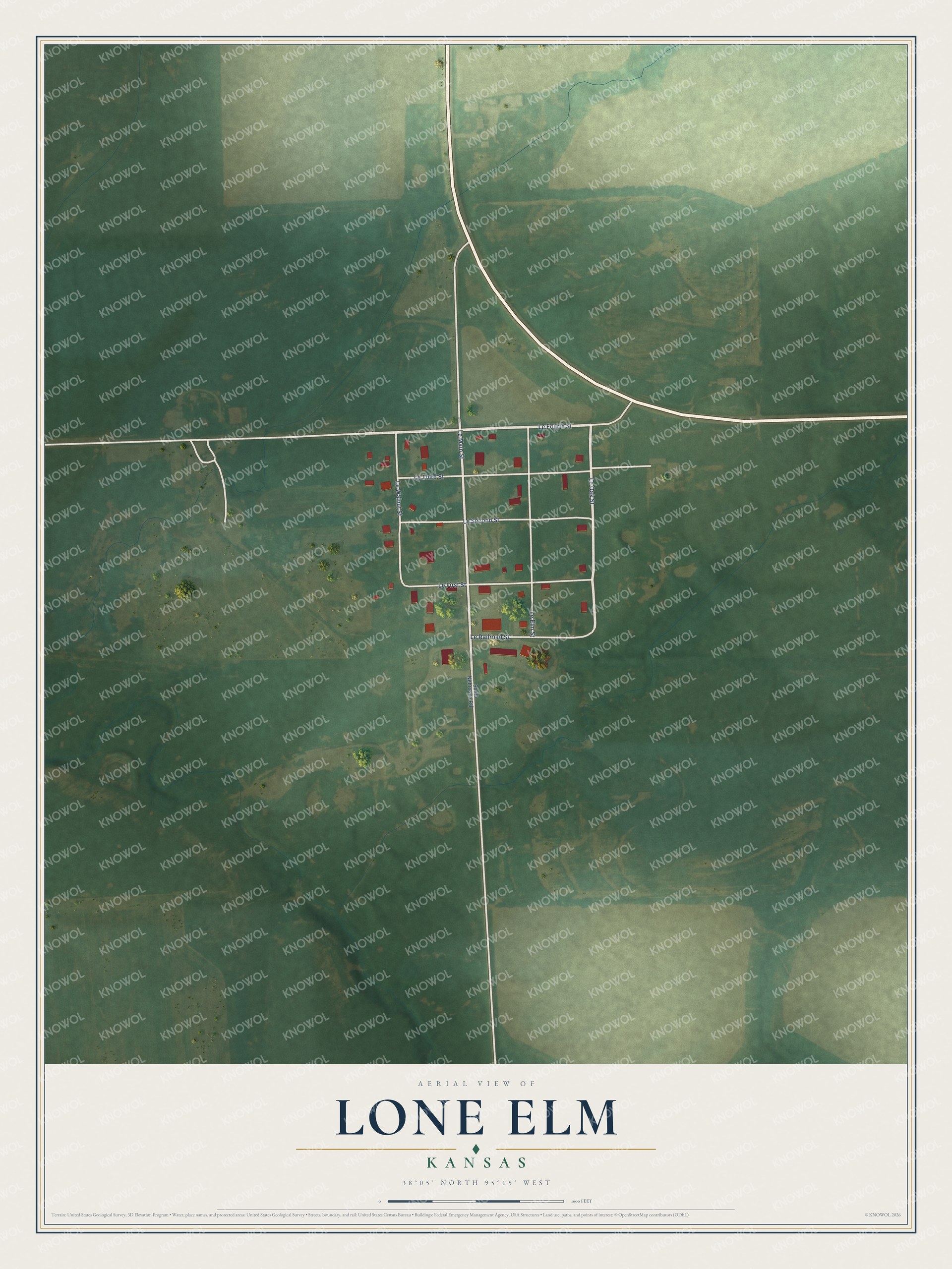 Full map of Lone Elm, Kansas, with red buildings, printed street names and the land around them