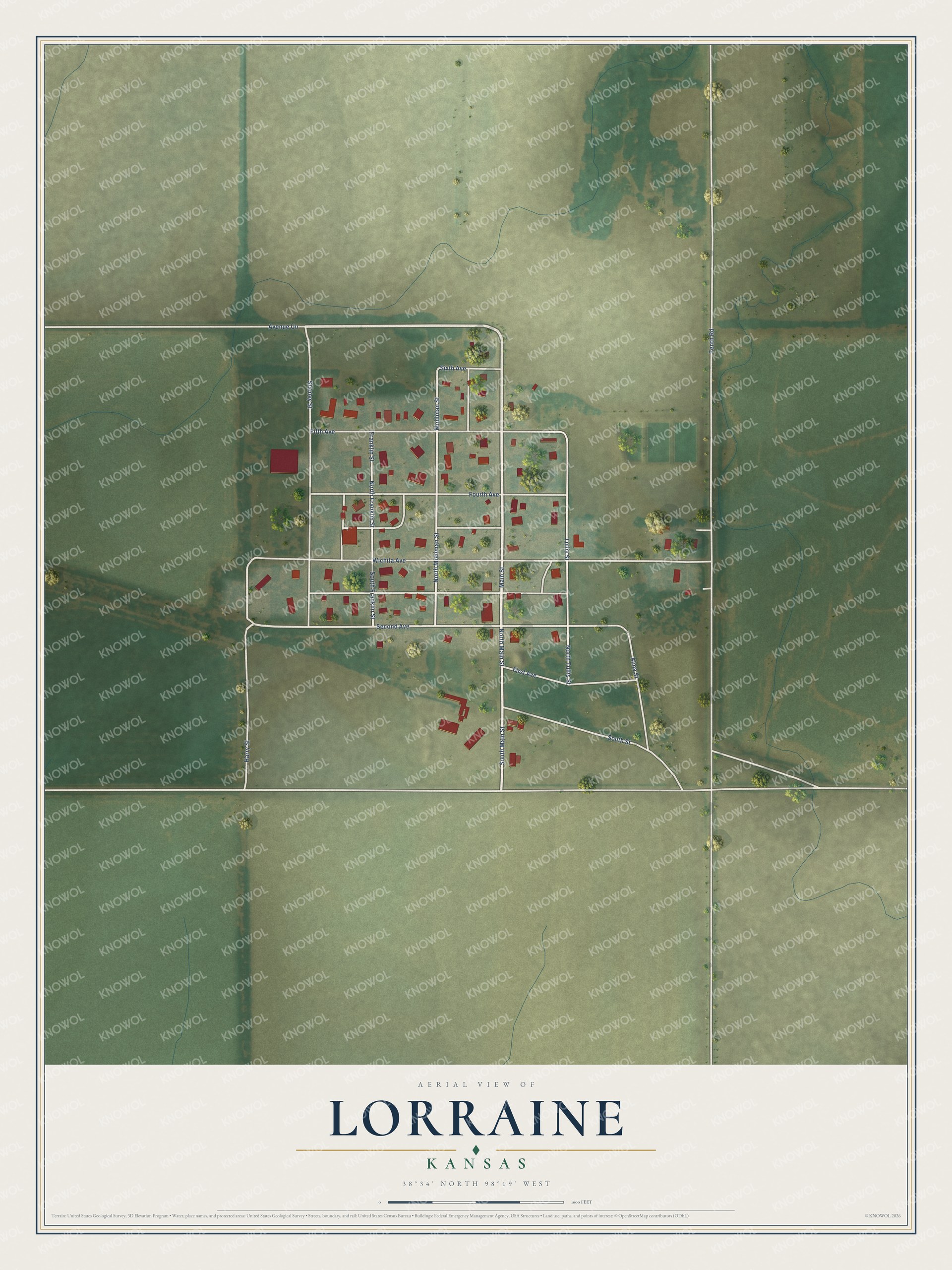 Full map of Lorraine, Kansas, with red buildings, printed street names and the land around them