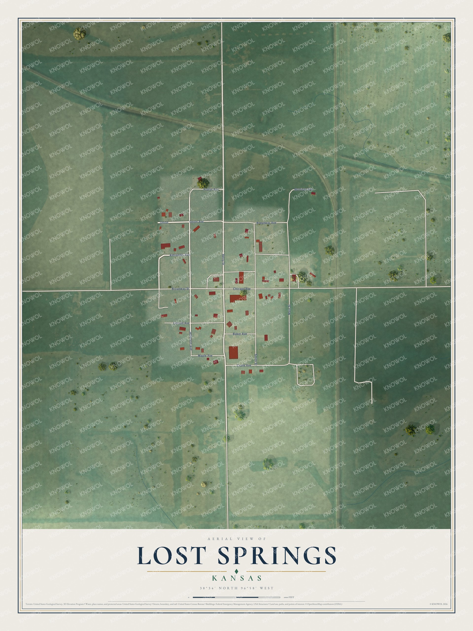 Full map of Lost Springs, Kansas, with red buildings, printed street names and the land around them