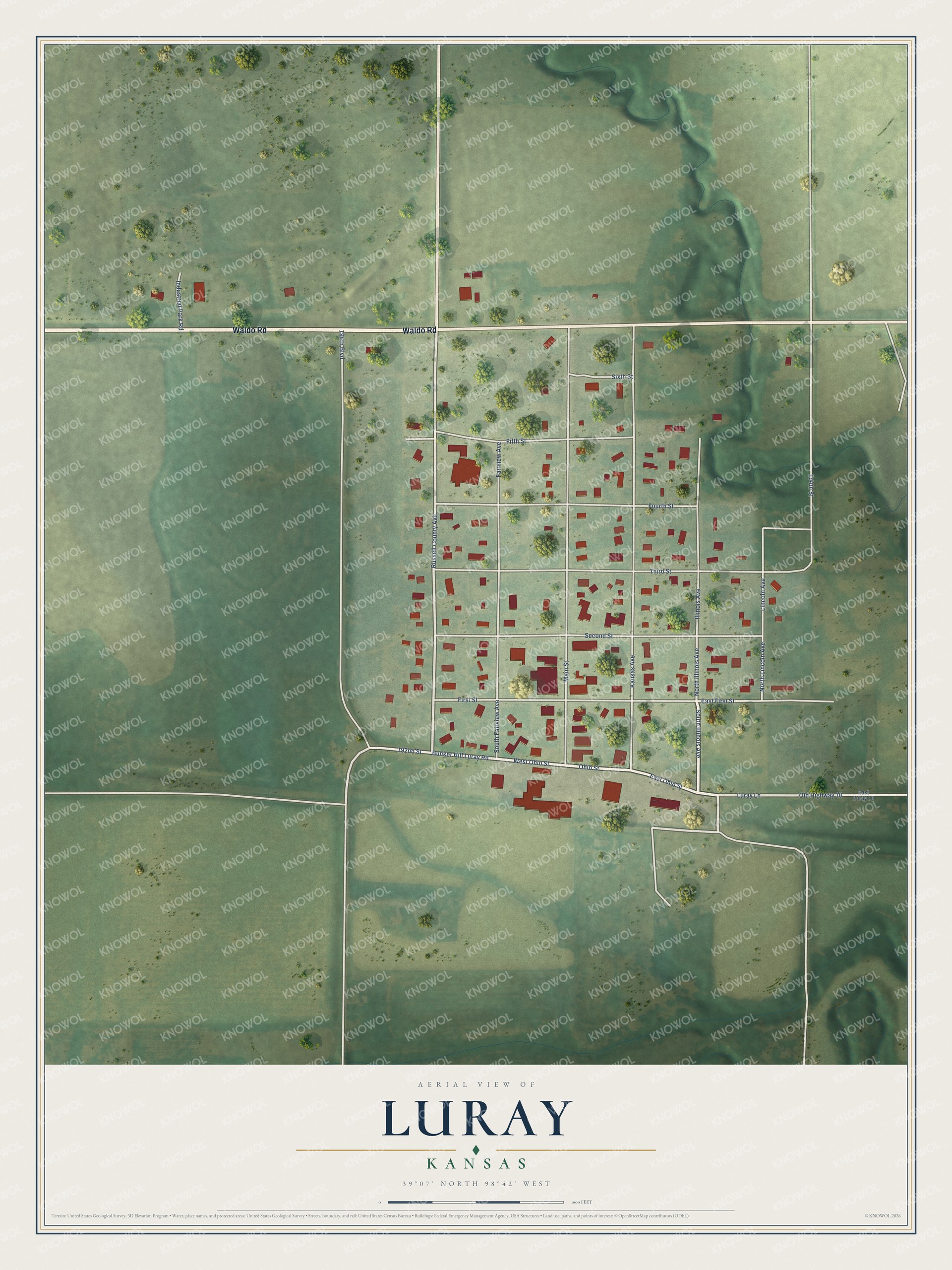 Full map of Luray, Kansas, with red buildings, printed street names and the land around them