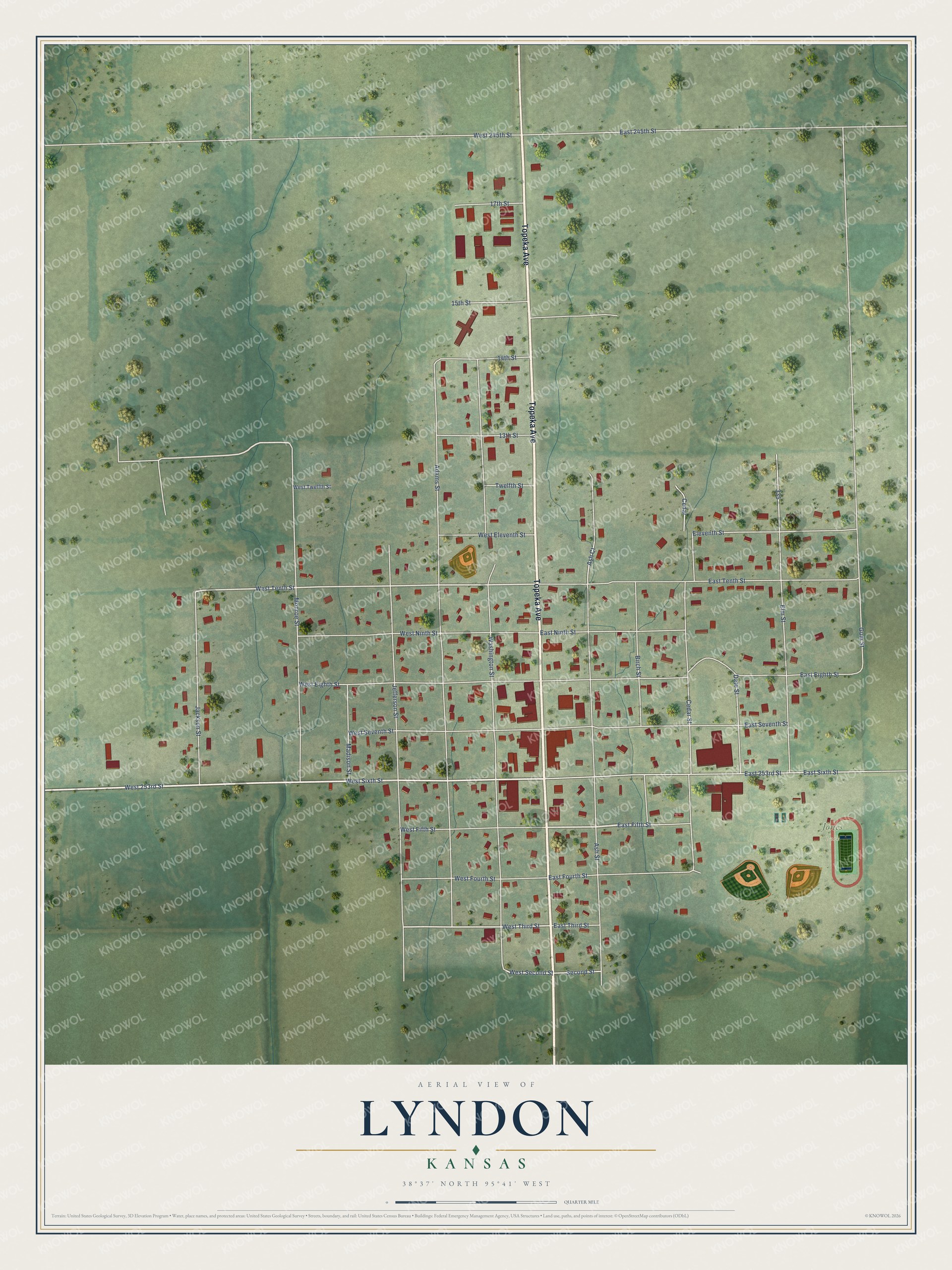 Full map of Lyndon, Kansas, with red buildings, printed street names and the land around them
