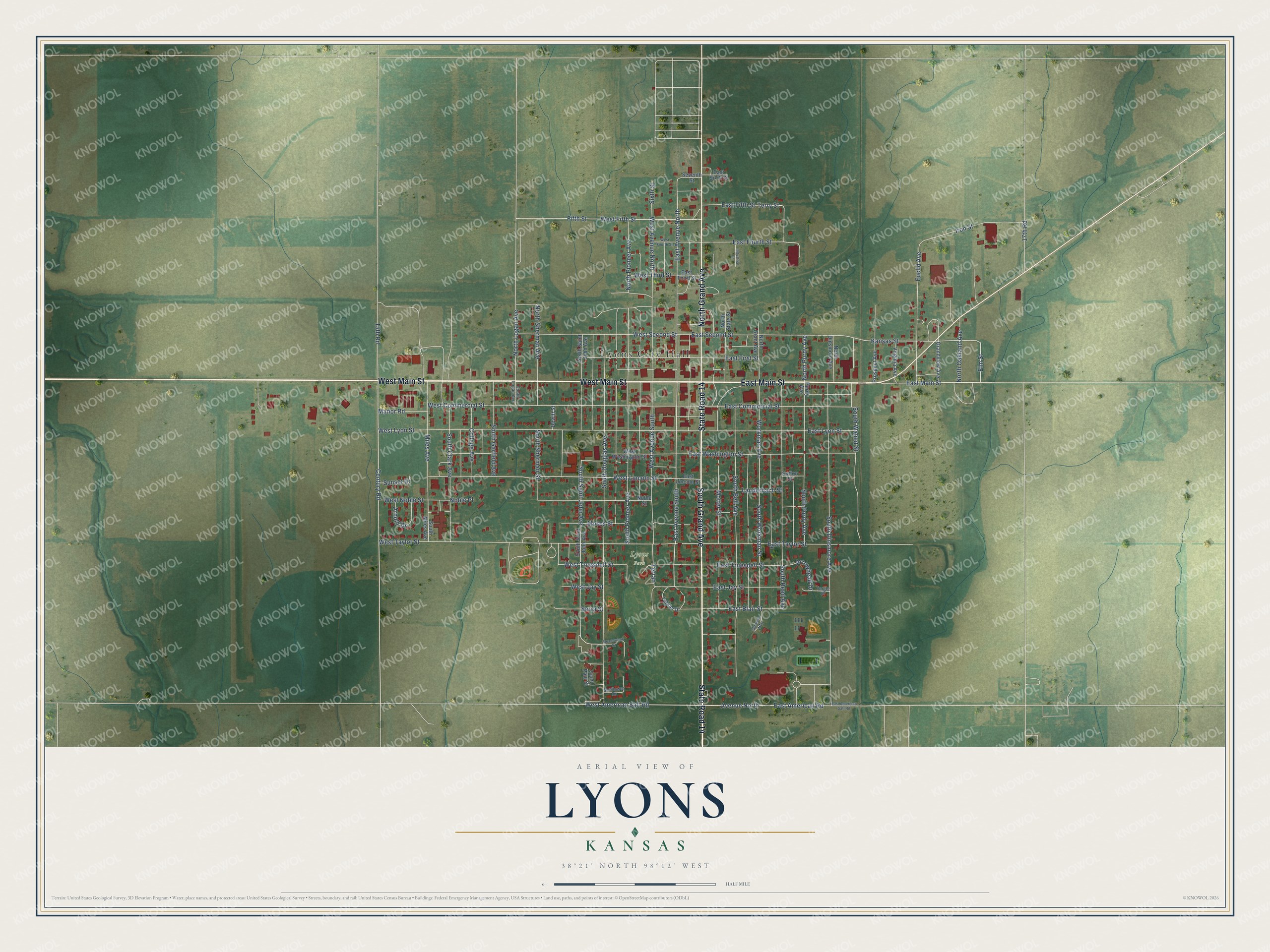 Full map of Lyons, Kansas, with red buildings, printed street names and the land around them
