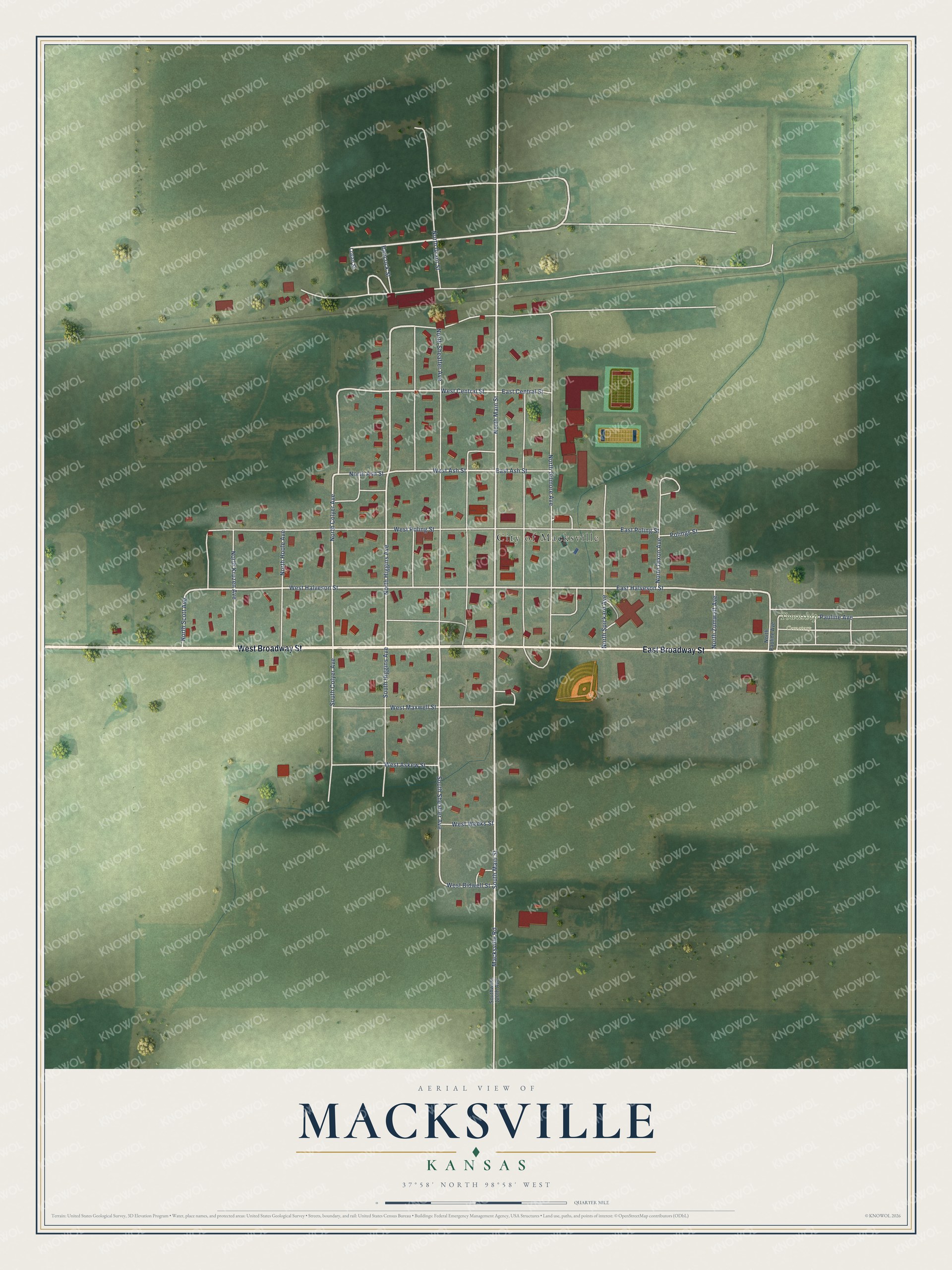 Full map of Macksville, Kansas, with red buildings, printed street names and the land around them