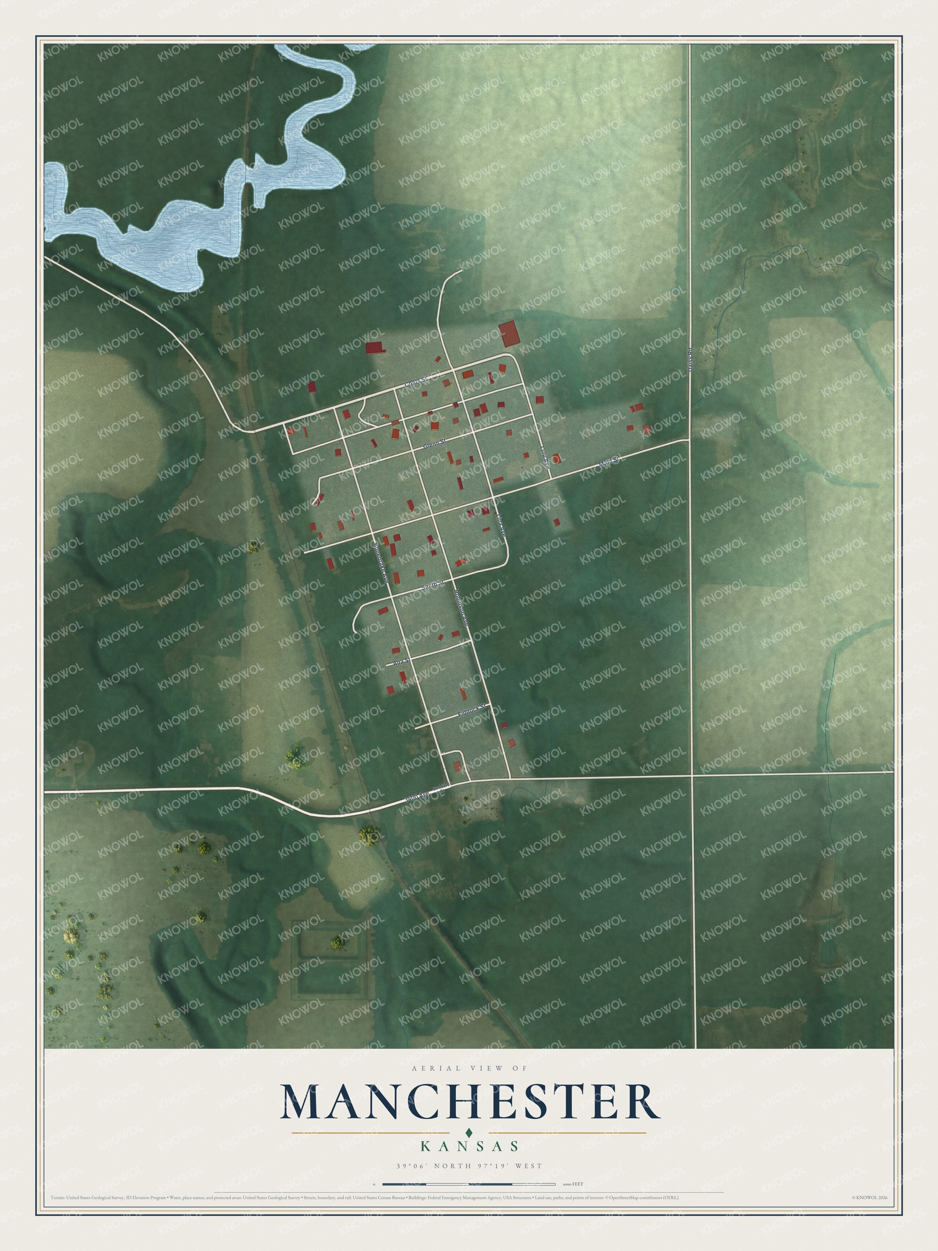 Full map of Manchester, Kansas, with red buildings, printed street names and the land around them