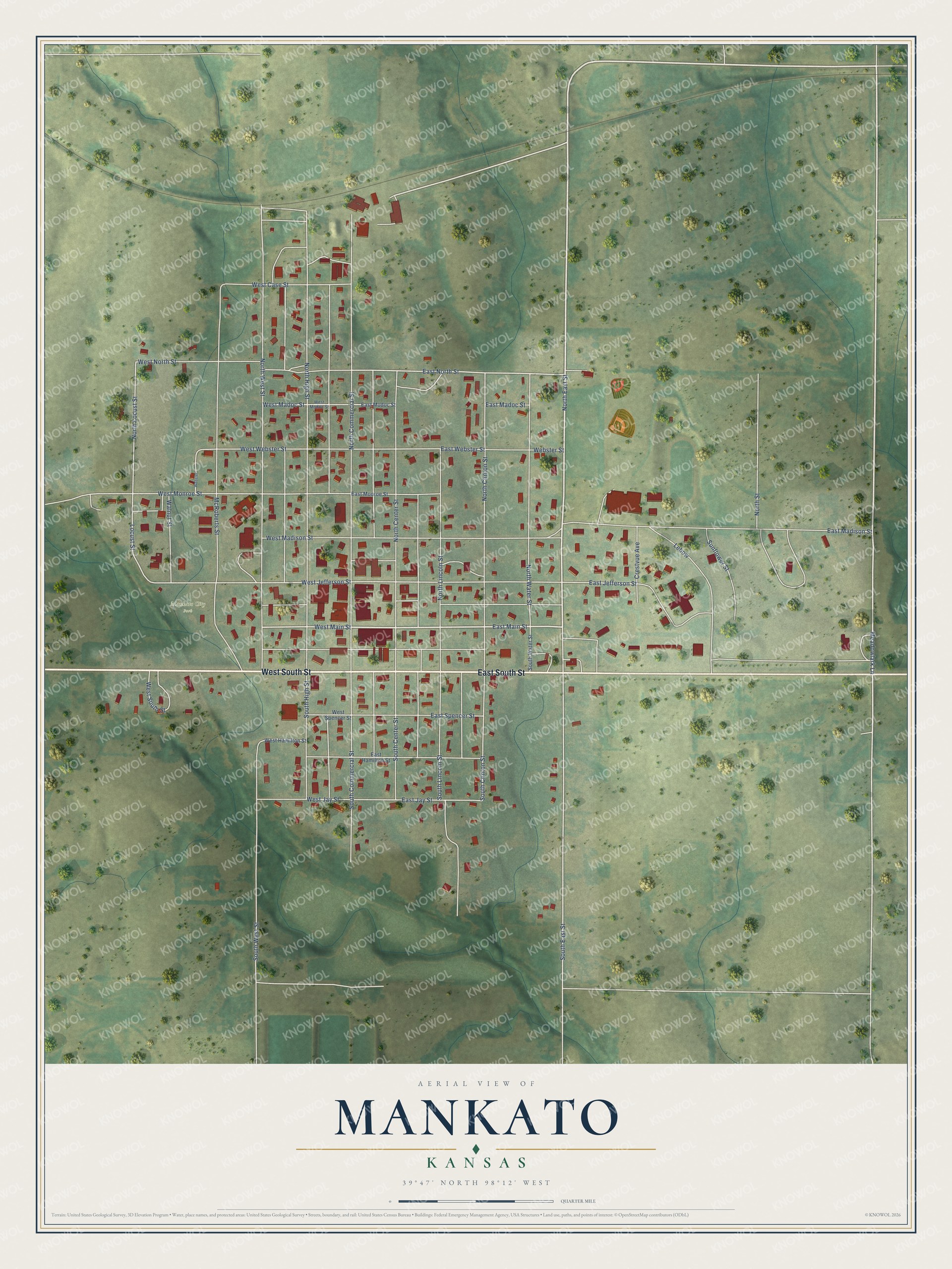 Full map of Mankato, Kansas, with red buildings, printed street names and the land around them