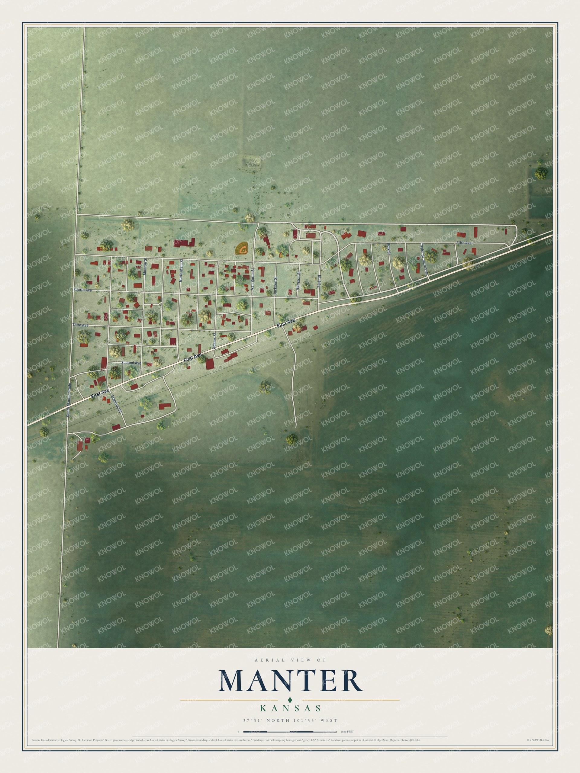Full map of Manter, Kansas, with red buildings, printed street names and the land around them