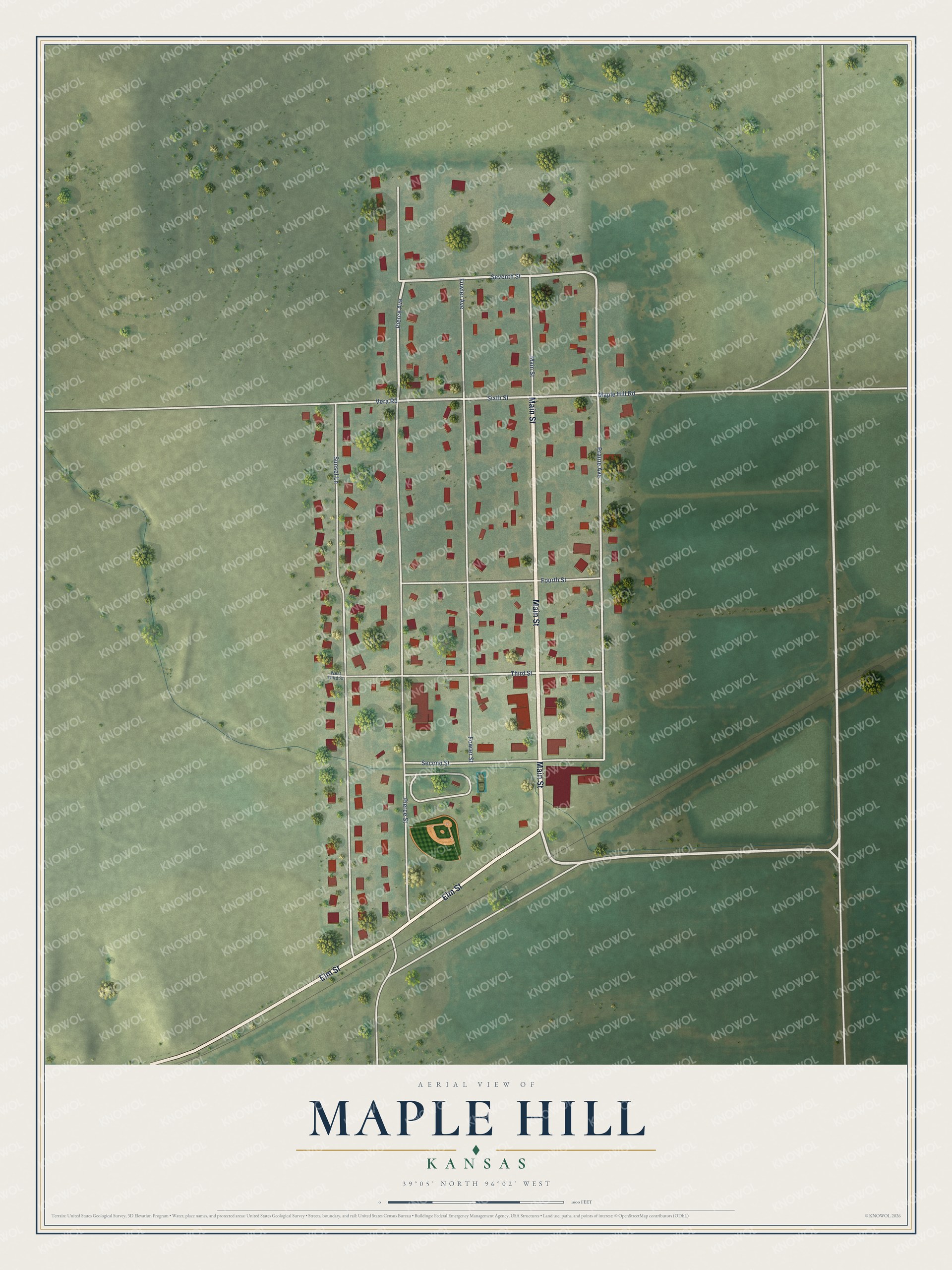 Full map of Maple Hill, Kansas, with red buildings, printed street names and the land around them