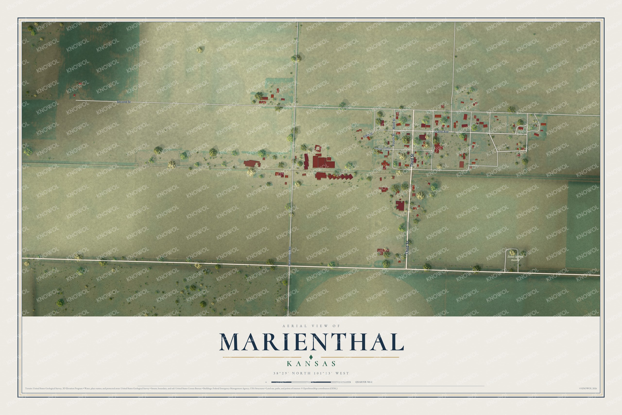 Full map of Marienthal, Kansas, with red buildings, printed street names and the land around them