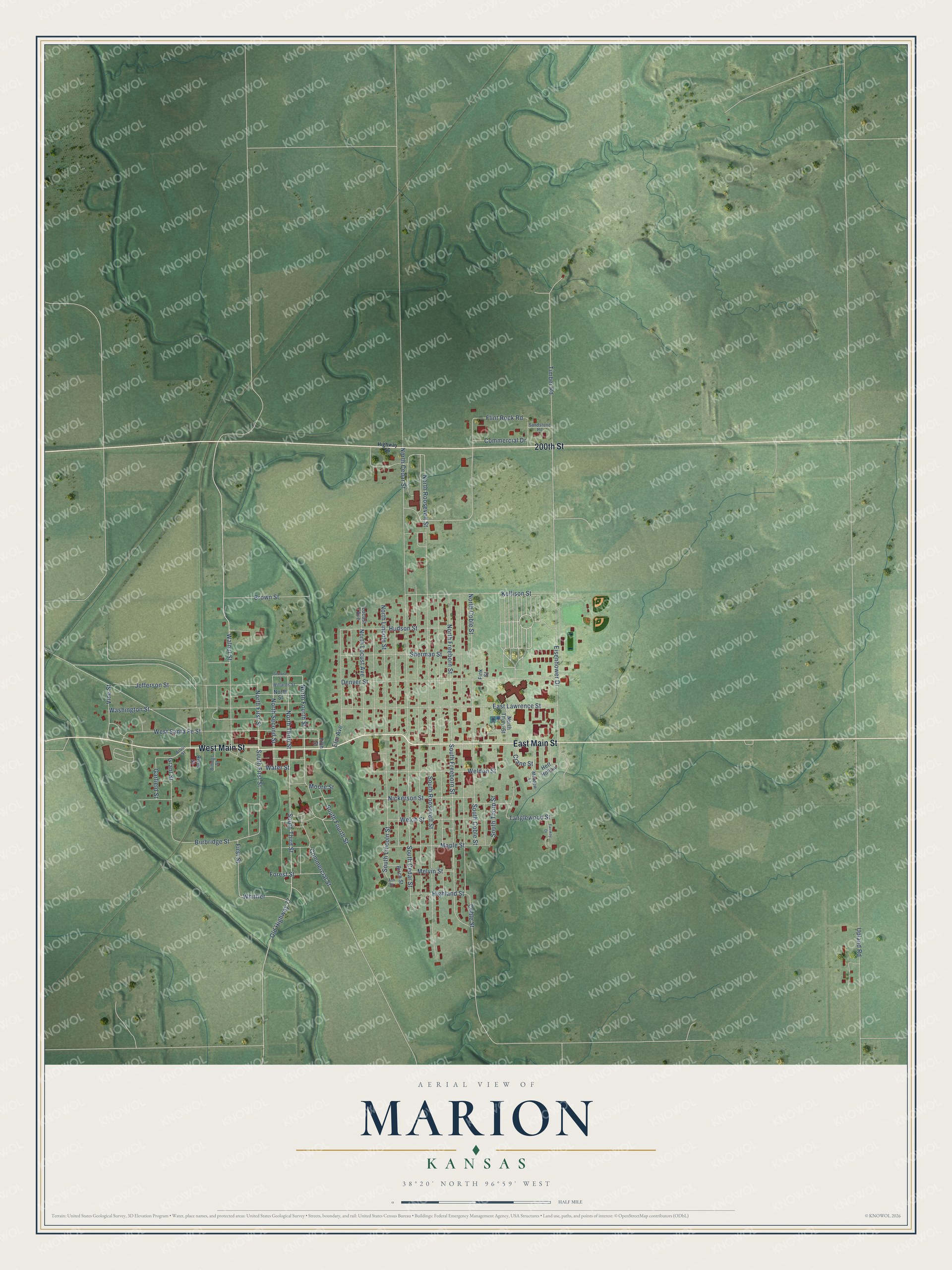 Full map of Marion, Kansas, with red buildings, printed street names and the land around them