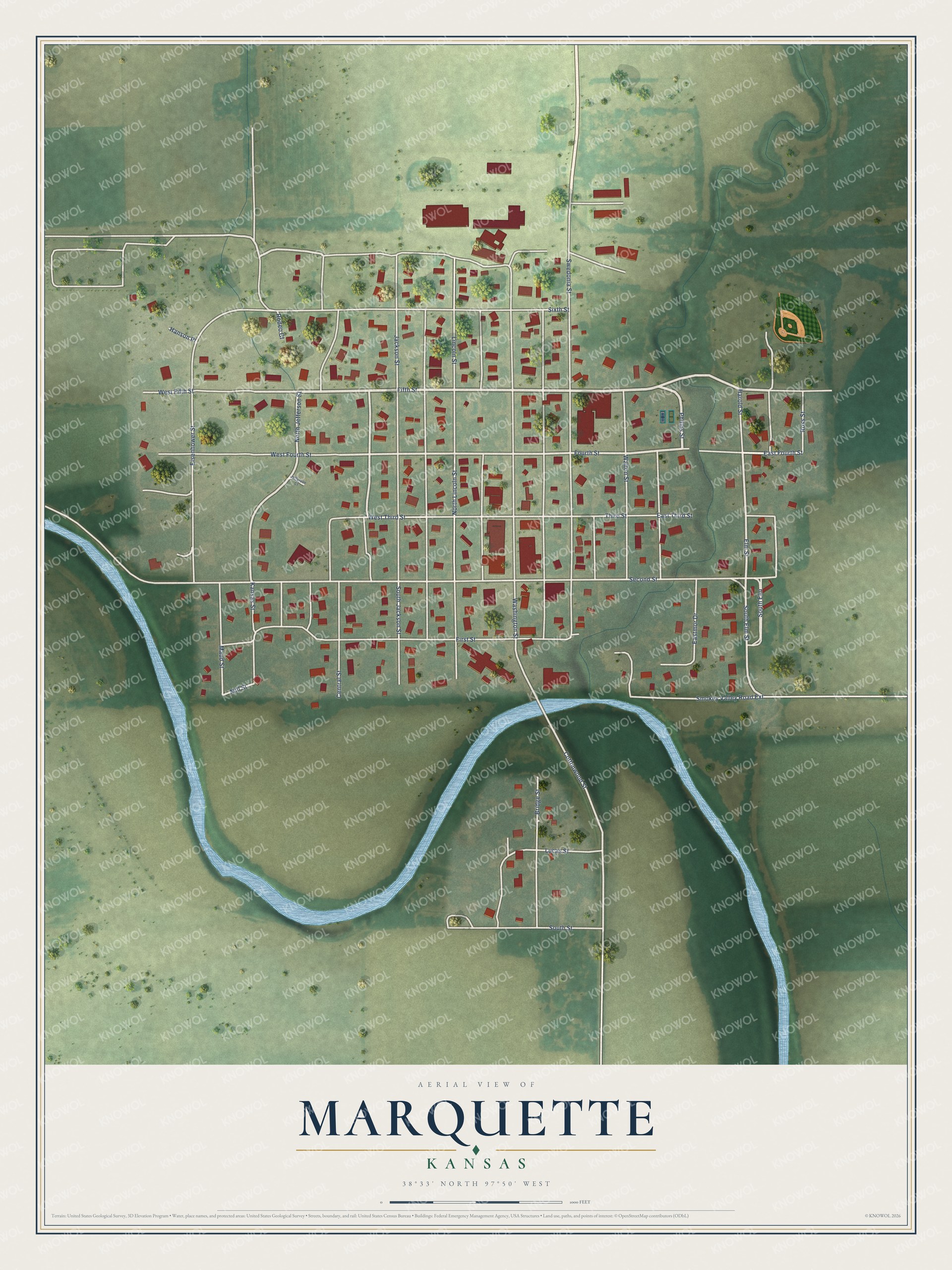 Full map of Marquette, Kansas, with red buildings, printed street names and the land around them