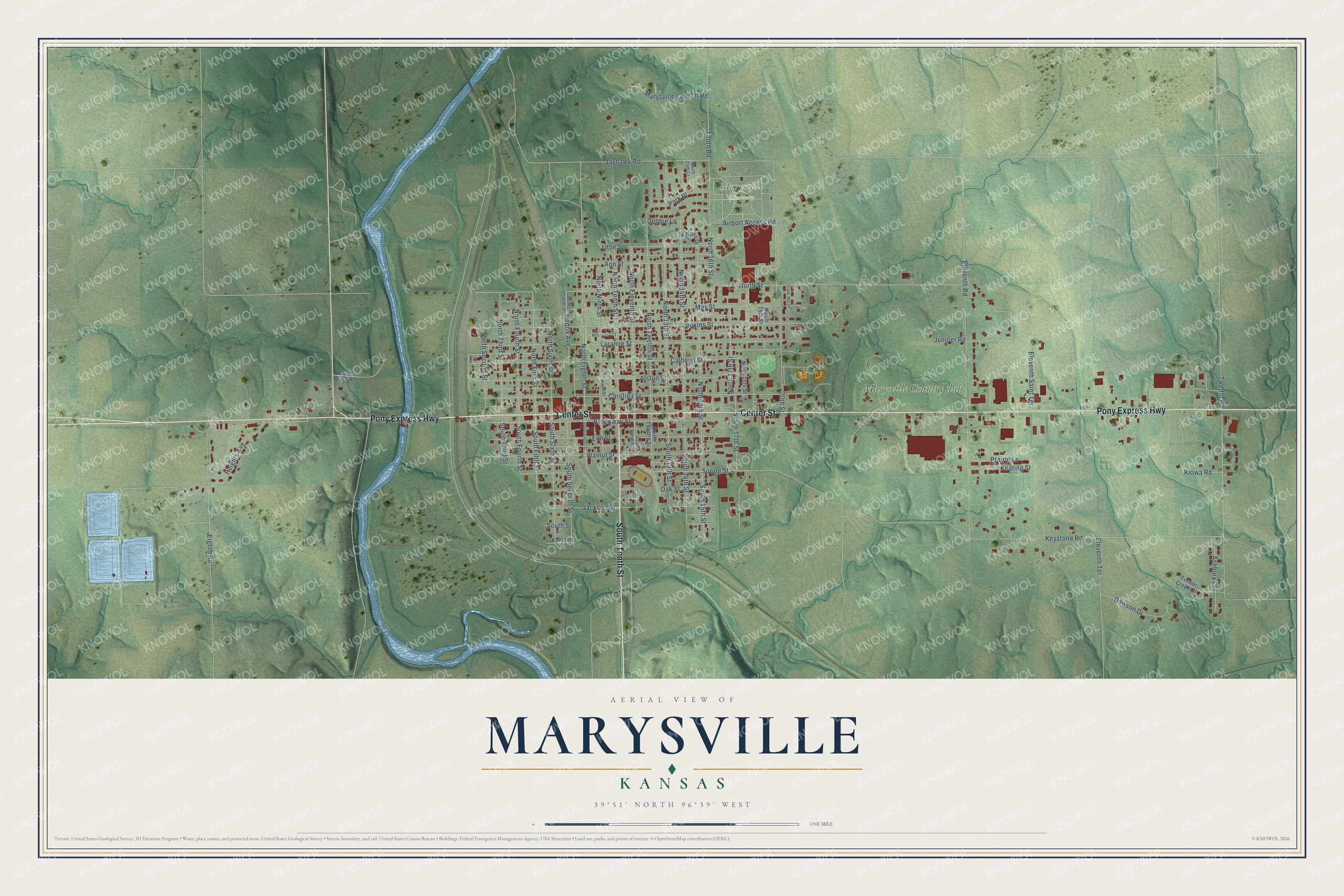 Full map of Marysville, Kansas, with red buildings, printed street names and the land around them