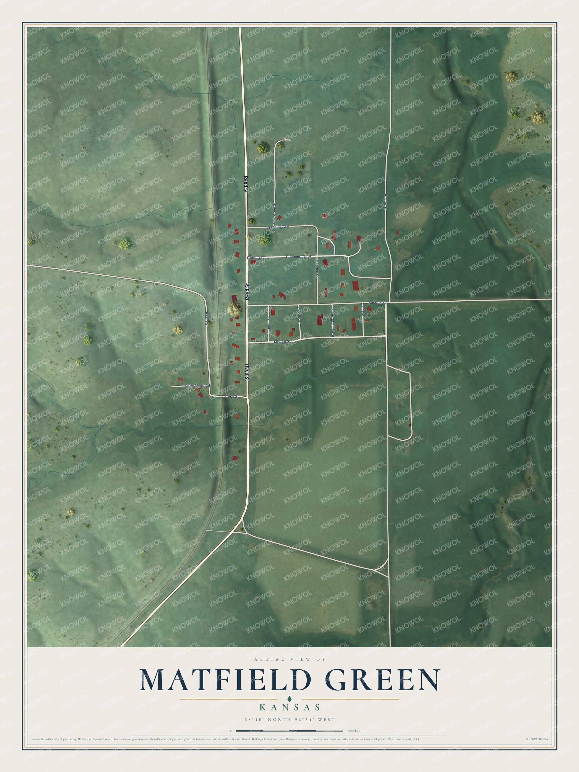 Full map of Matfield Green, Kansas, with red buildings, printed street names and the land around them