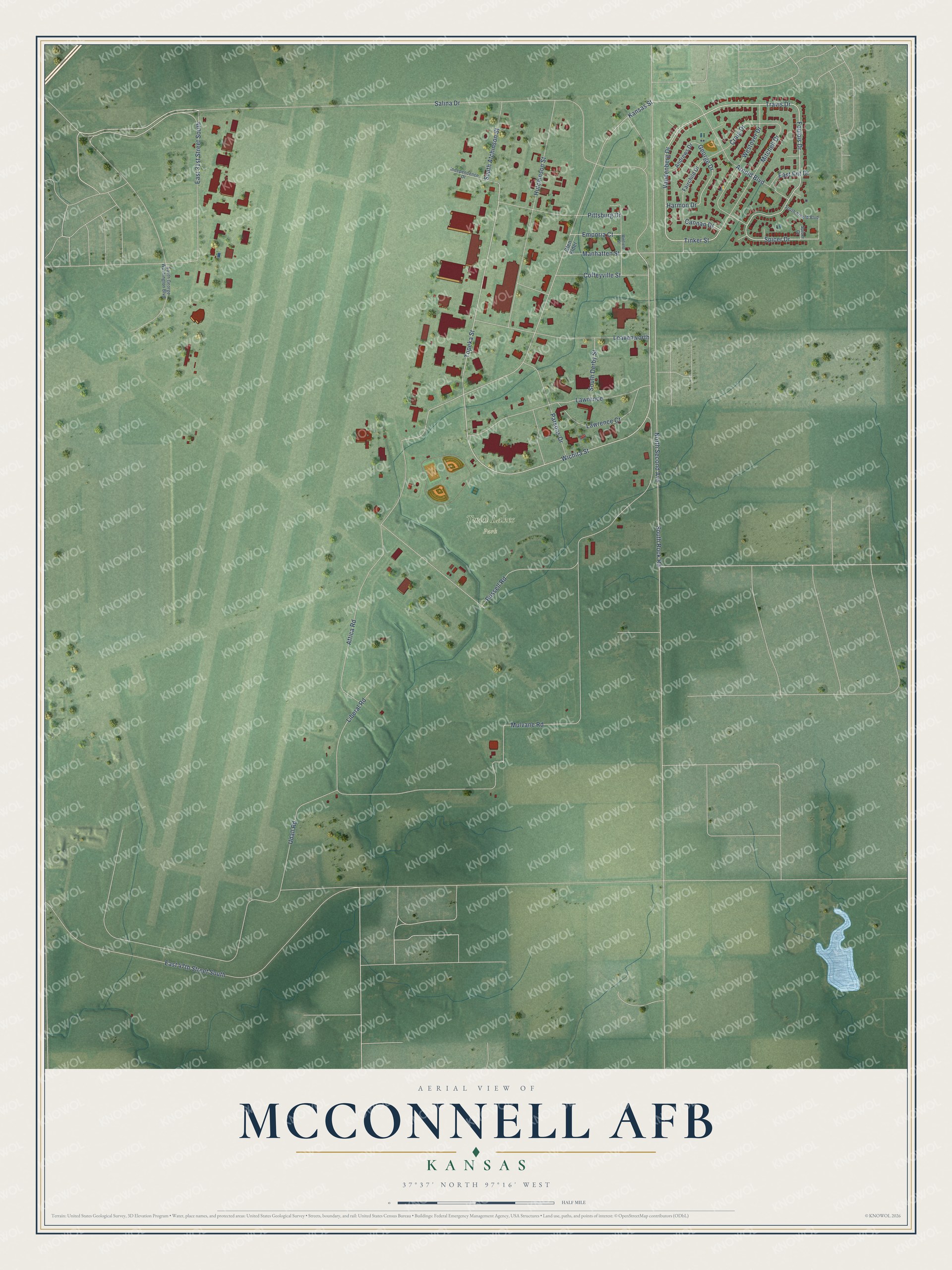 Full map of McConnell AFB, Kansas, with red buildings, printed street names and the land around them