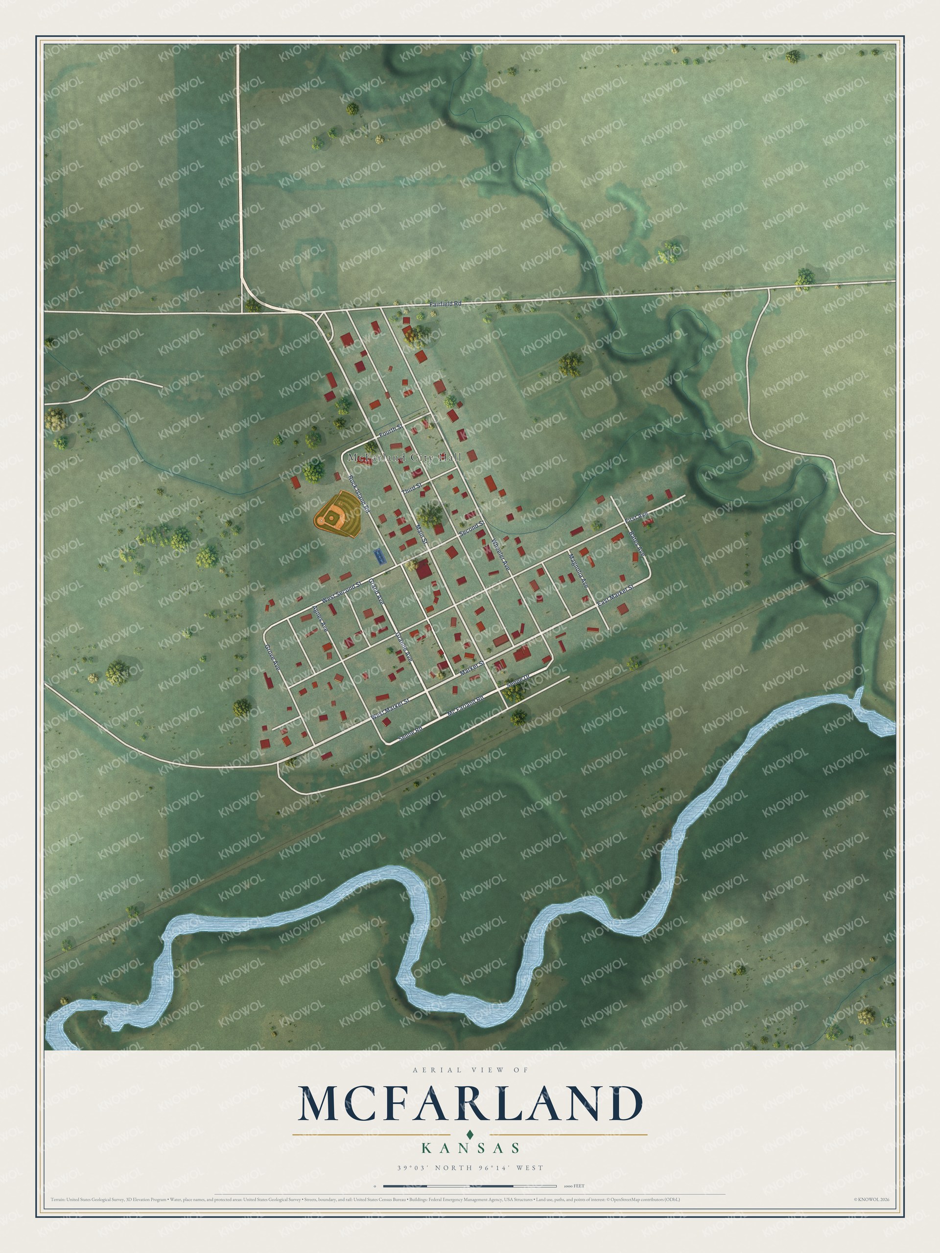 Full map of McFarland, Kansas, with red buildings, printed street names and the land around them