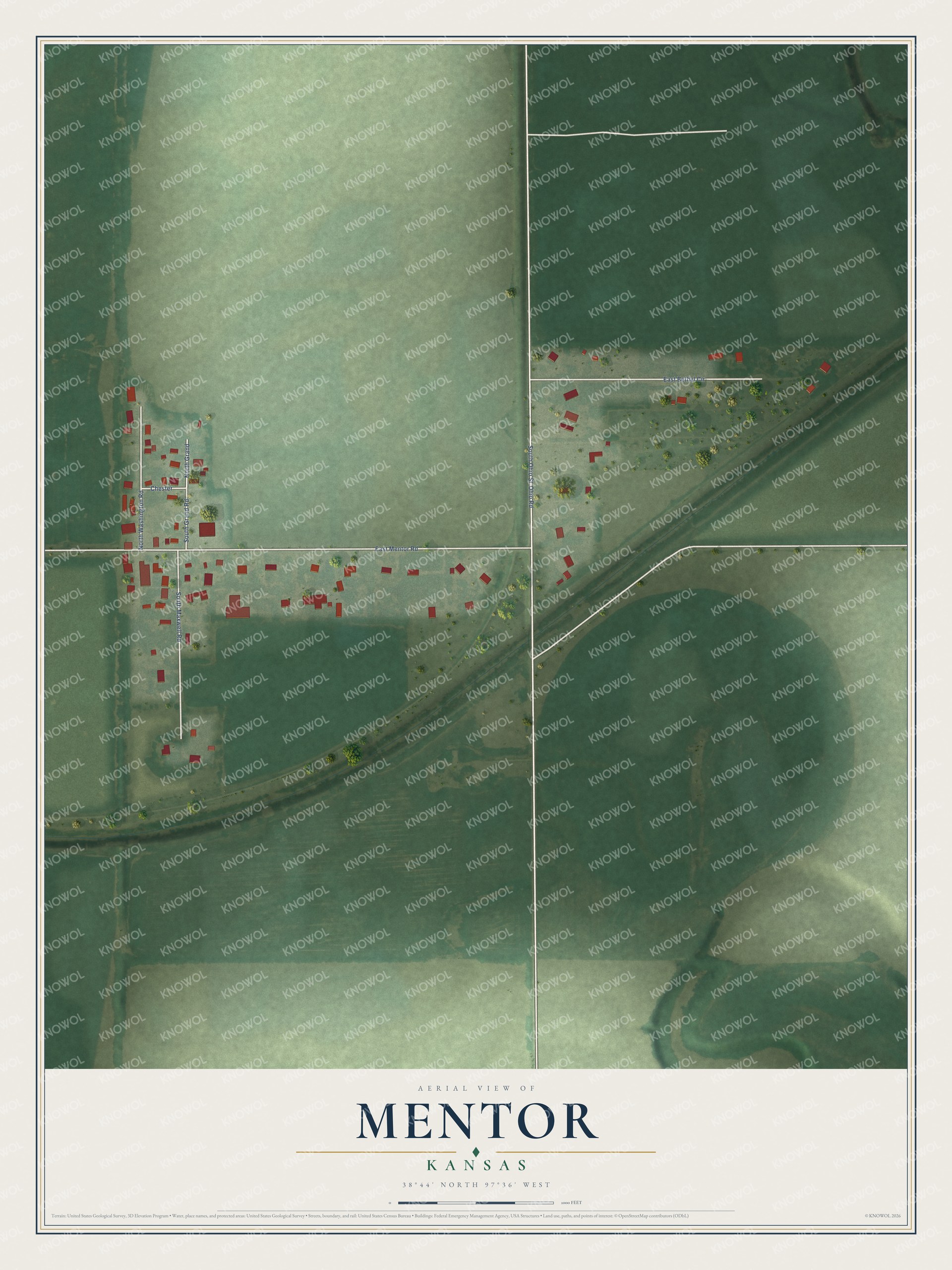 Full map of Mentor, Kansas, with red buildings, printed street names and the land around them