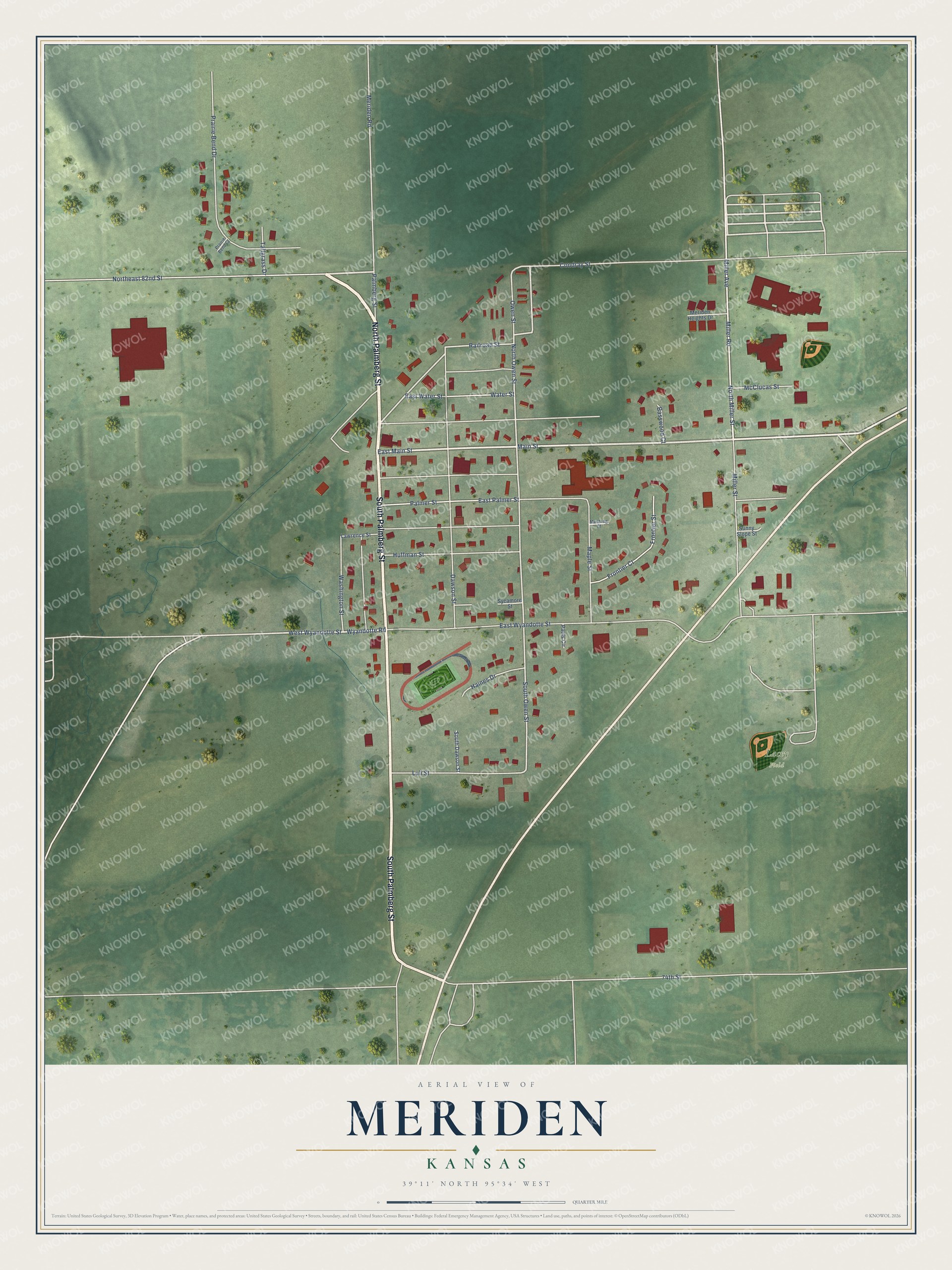 Watermarked full-map preview of Meriden, Kansas