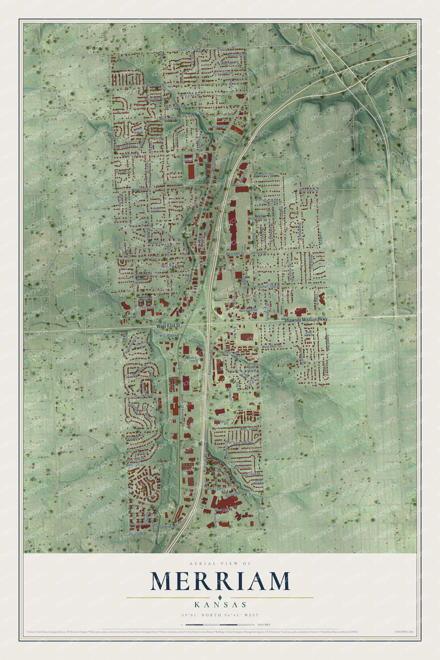 Full map of Merriam, Kansas, with red buildings, printed street names and the land around them