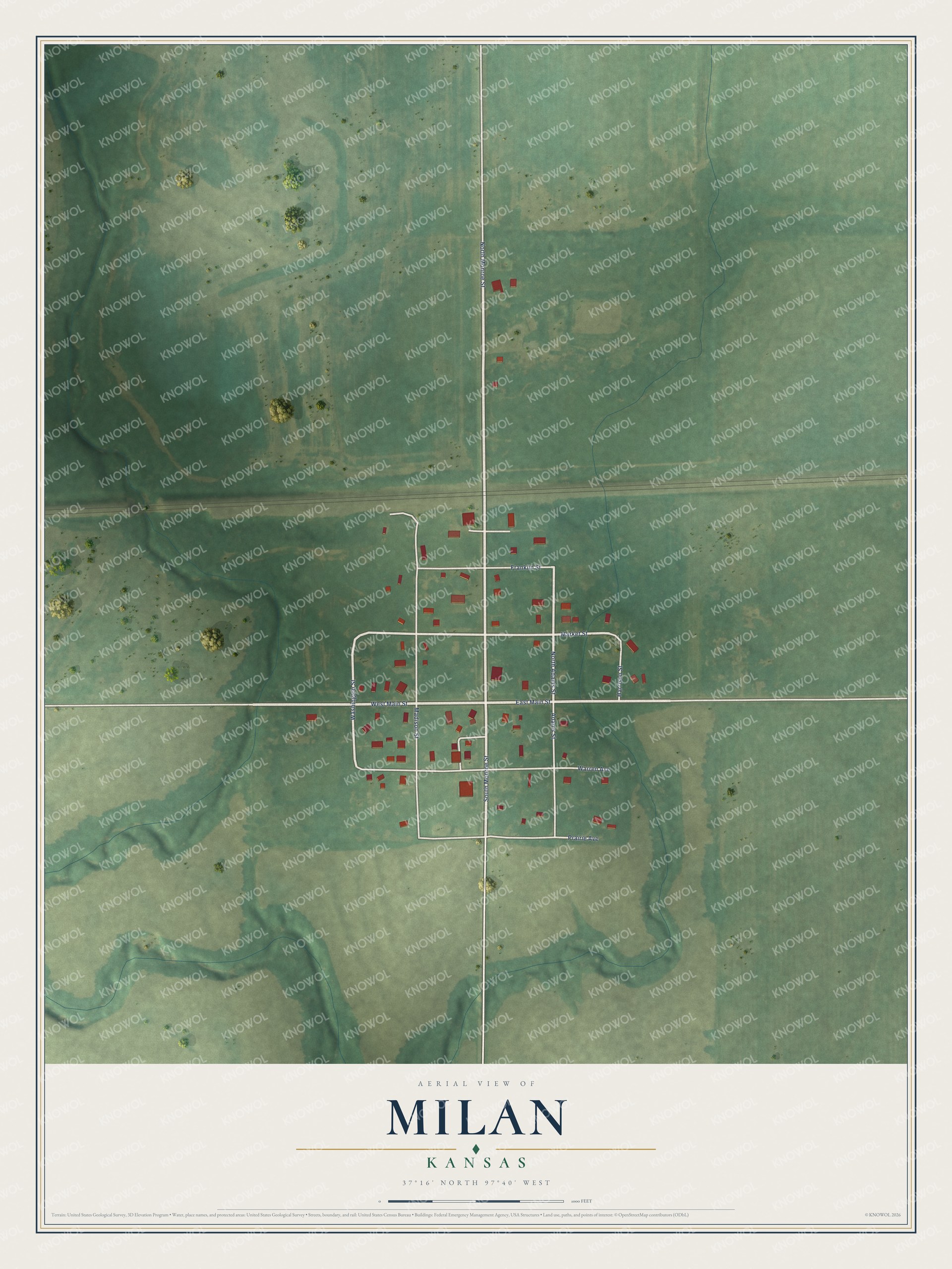 Full map of Milan, Kansas, with red buildings, printed street names and the land around them