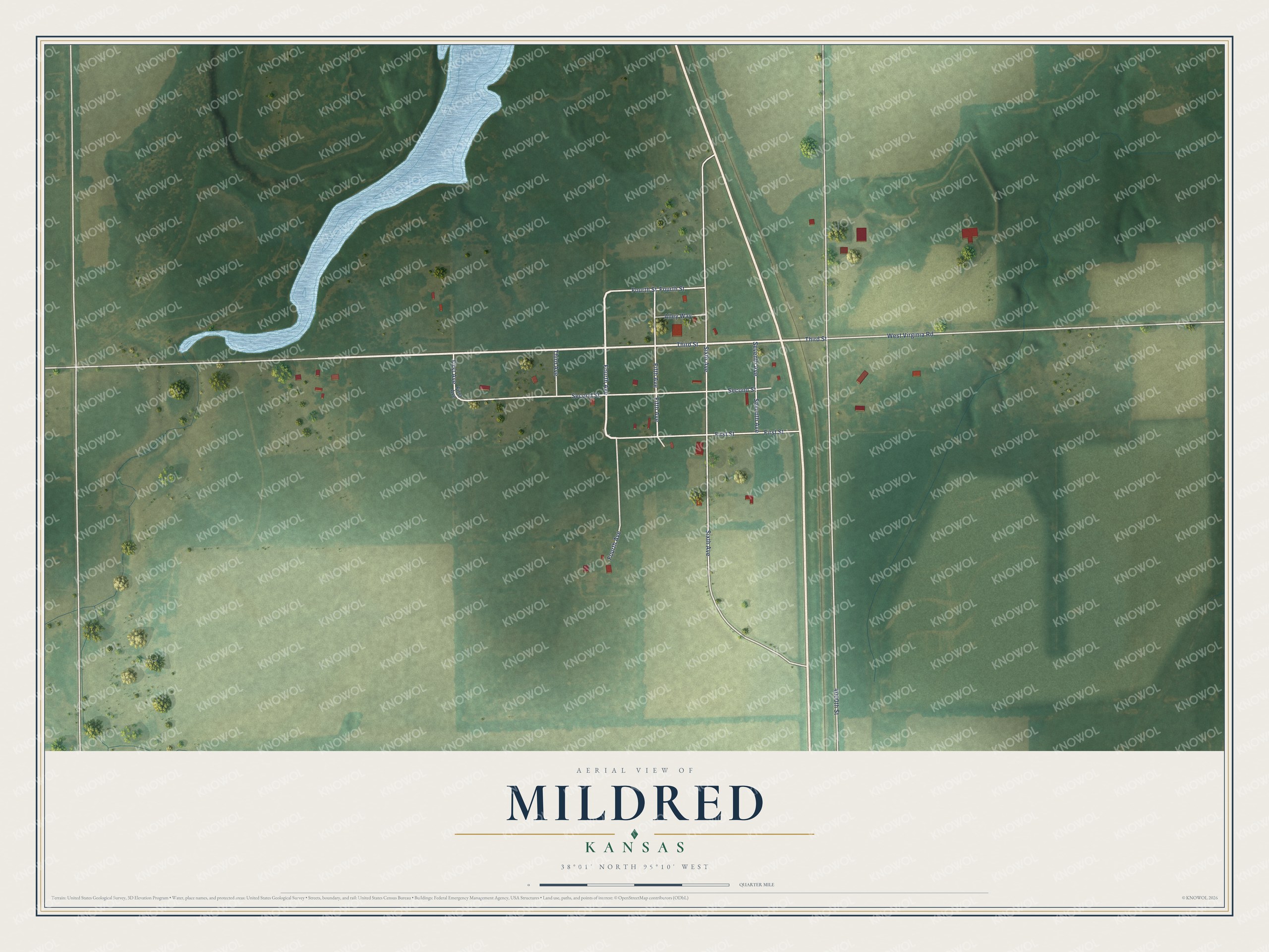 Full map of Mildred, Kansas, with red buildings, printed street names and the land around them