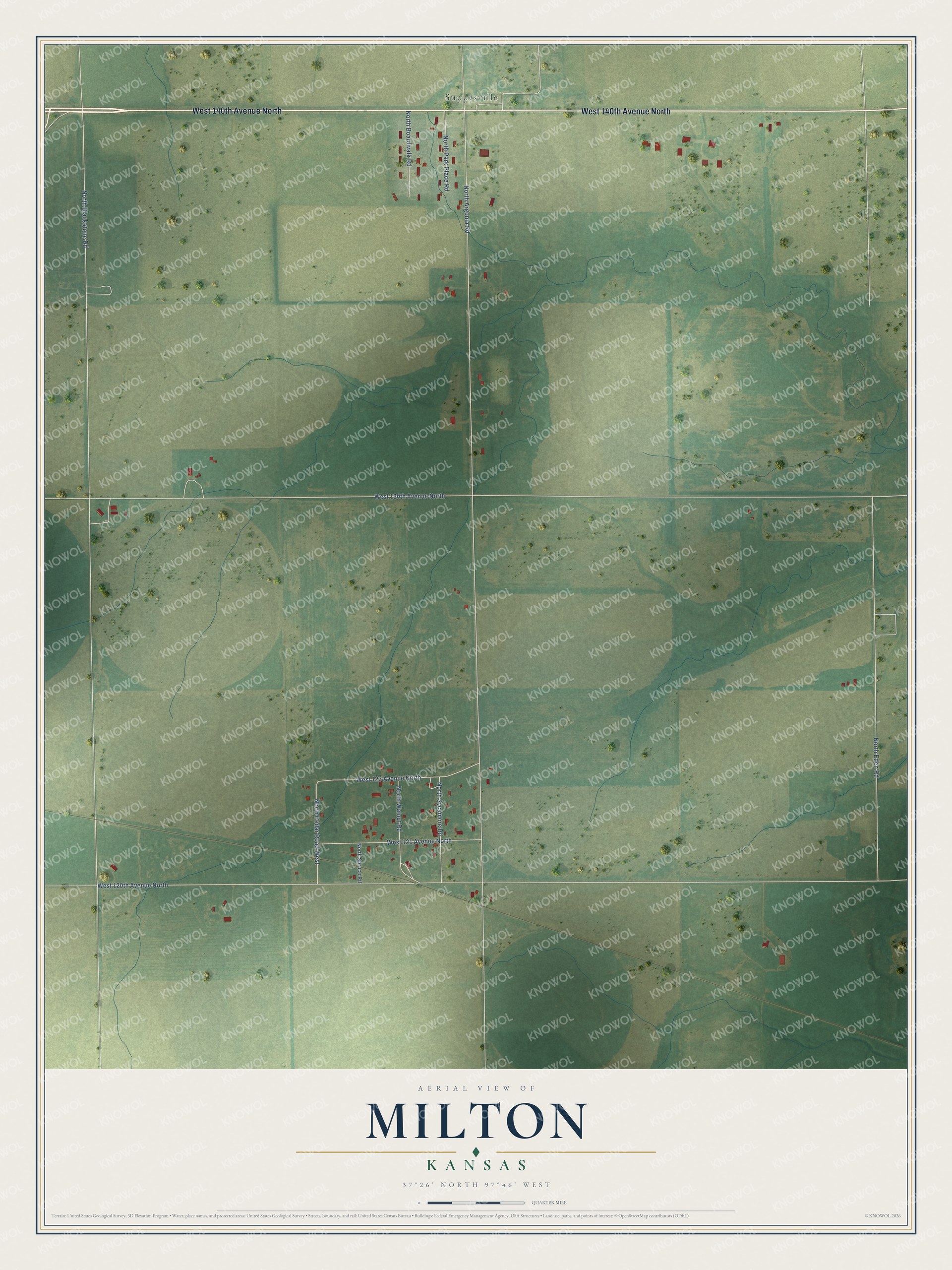 Full map of Milton, Kansas, with red buildings, printed street names and the land around them