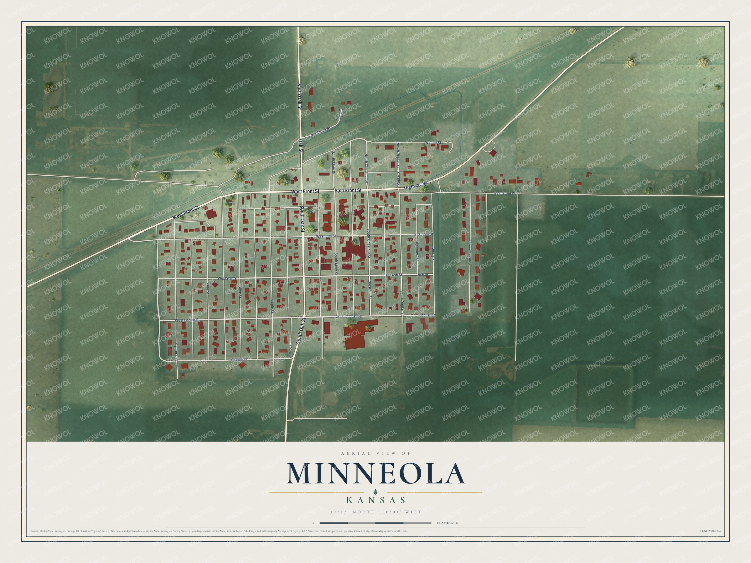 Full map of Minneola, Kansas, with red buildings, printed street names and the land around them