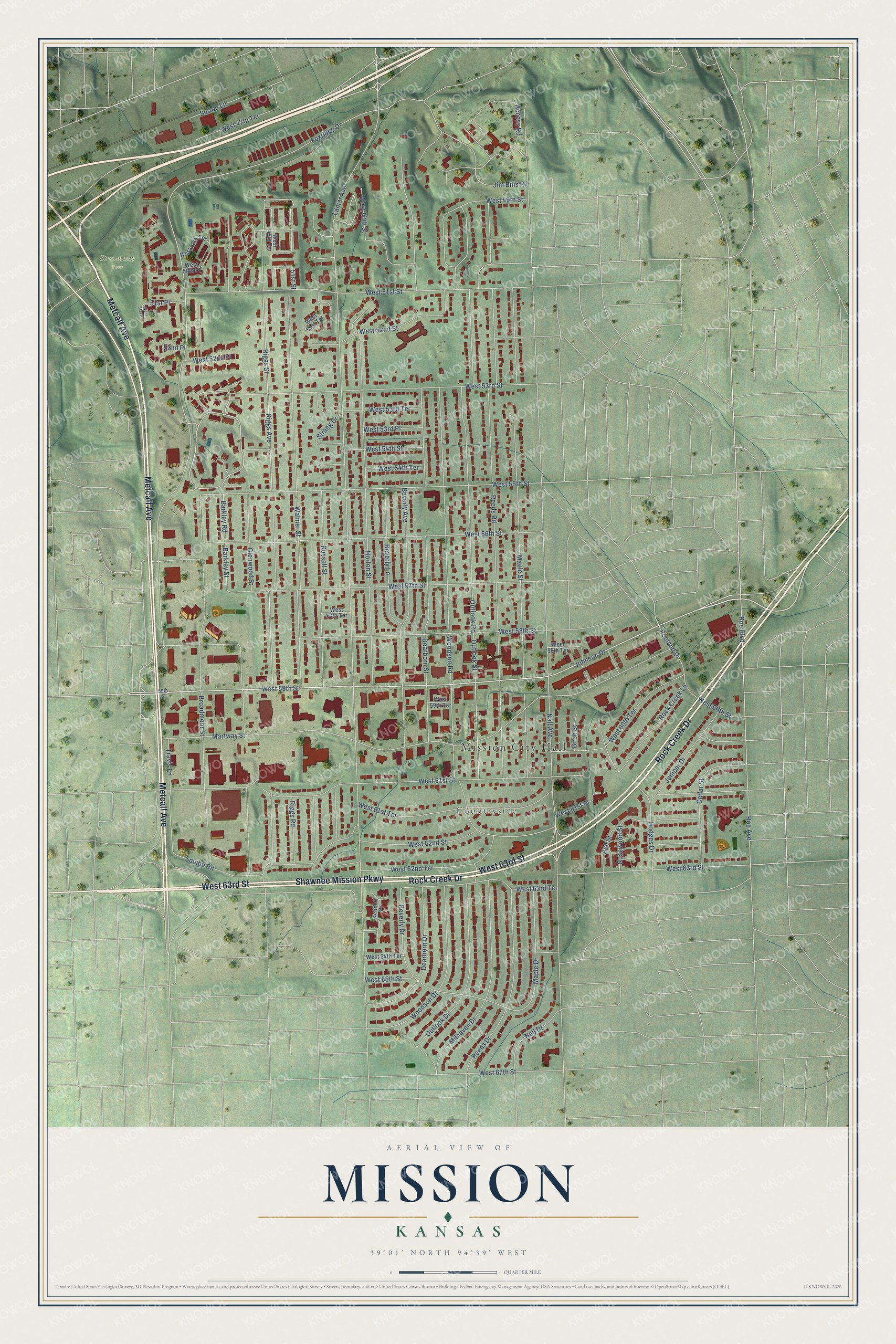 Full map of Mission, Kansas, with red buildings, printed street names and the land around them