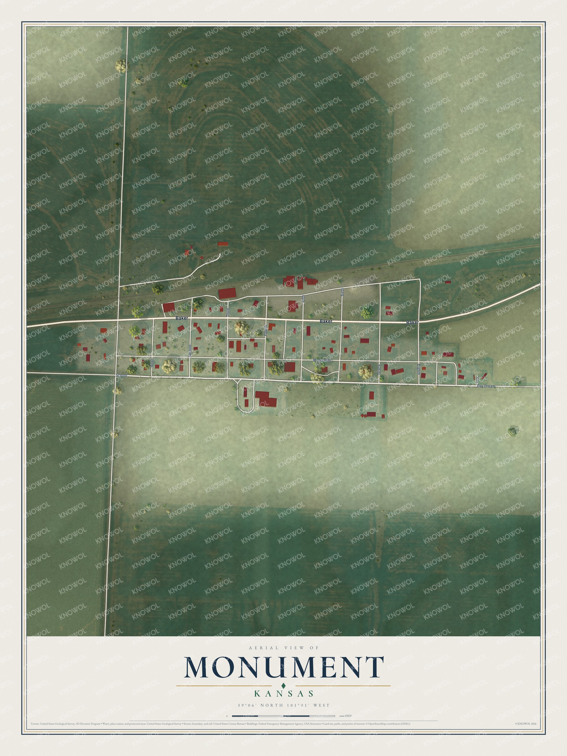 Full map of Monument, Kansas, with red buildings, printed street names and the land around them