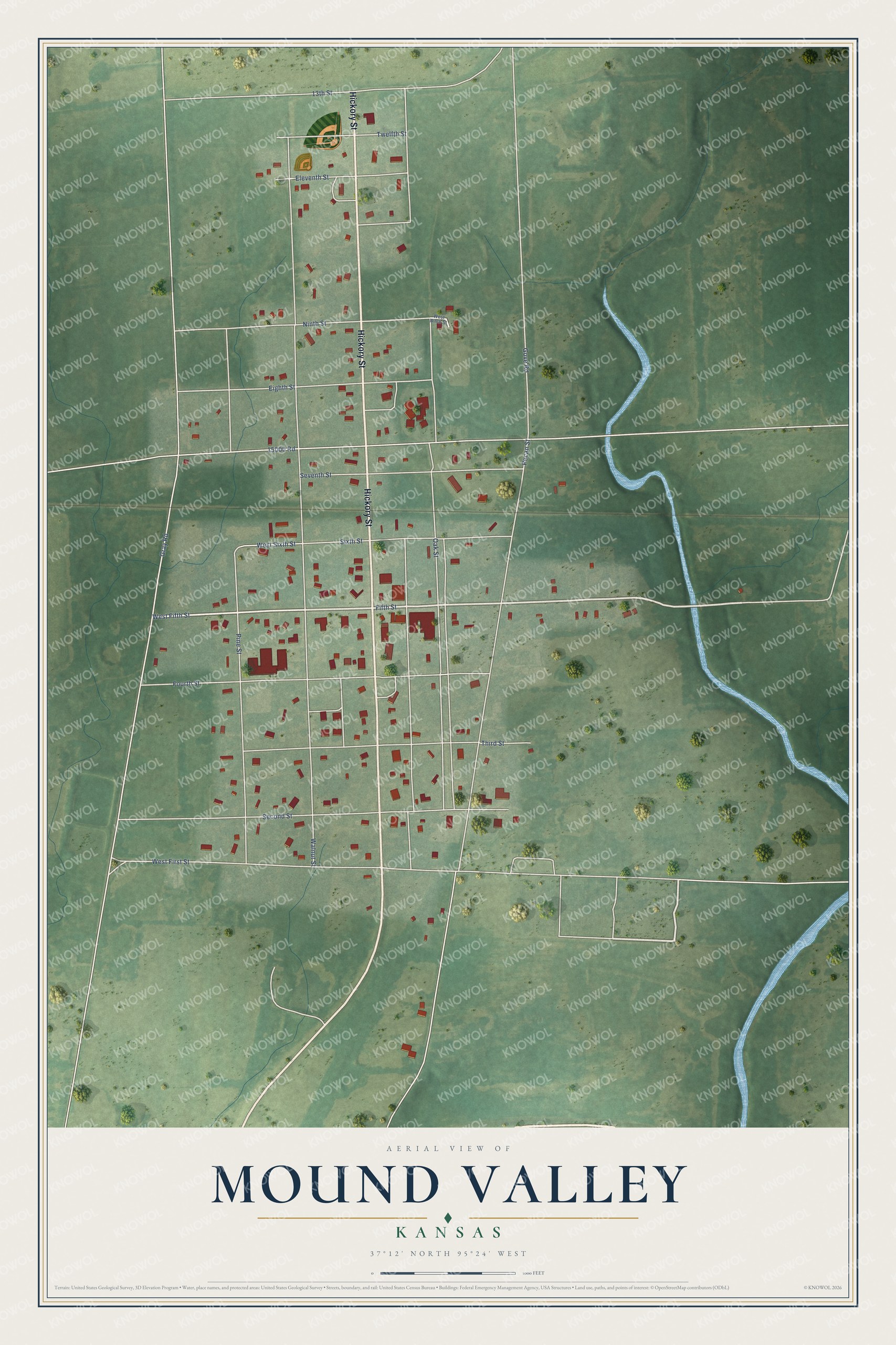 Full map of Mound Valley, Kansas, with red buildings, printed street names and the land around them