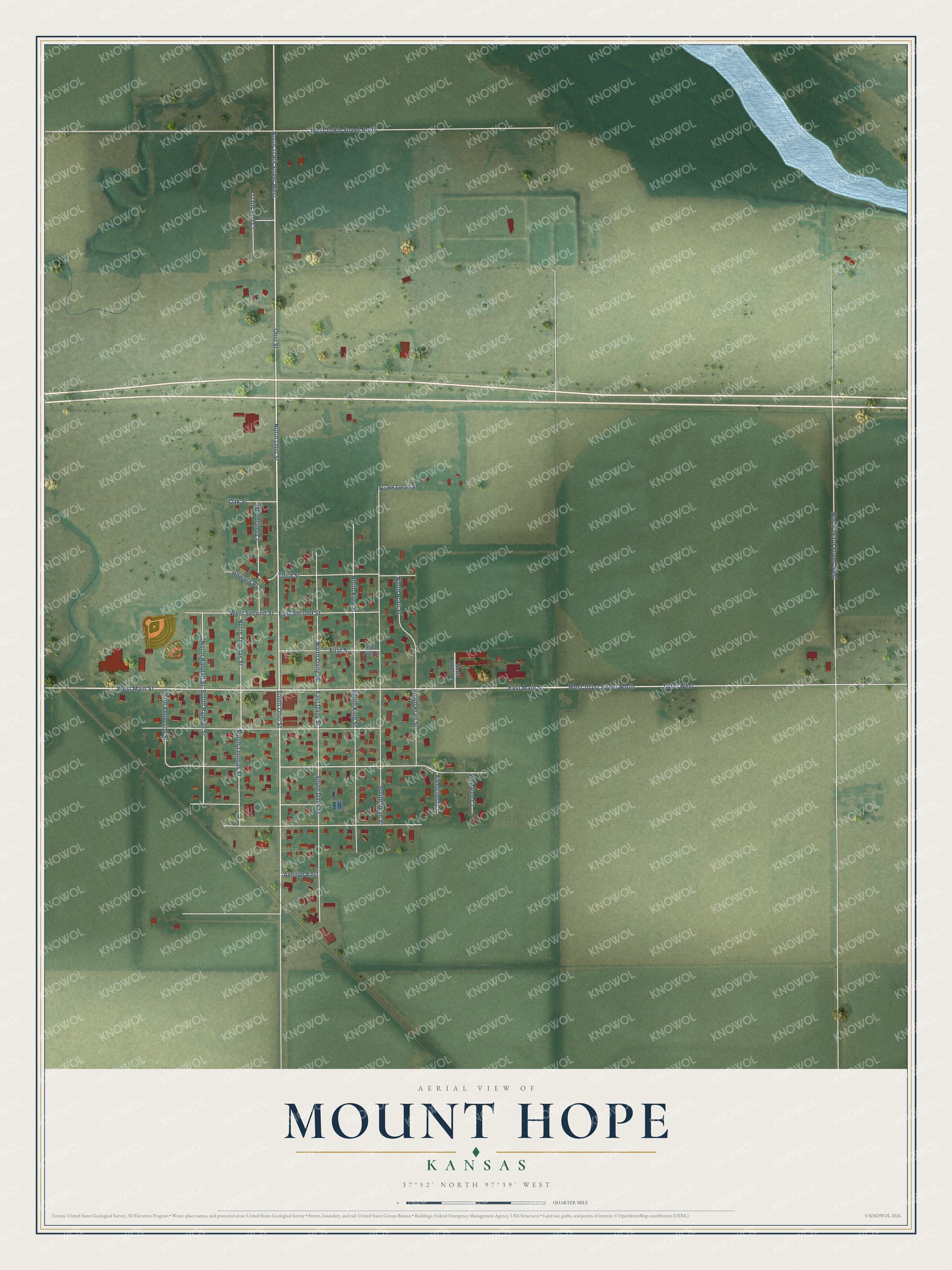 Full map of Mount Hope, Kansas, with red buildings, printed street names and the land around them