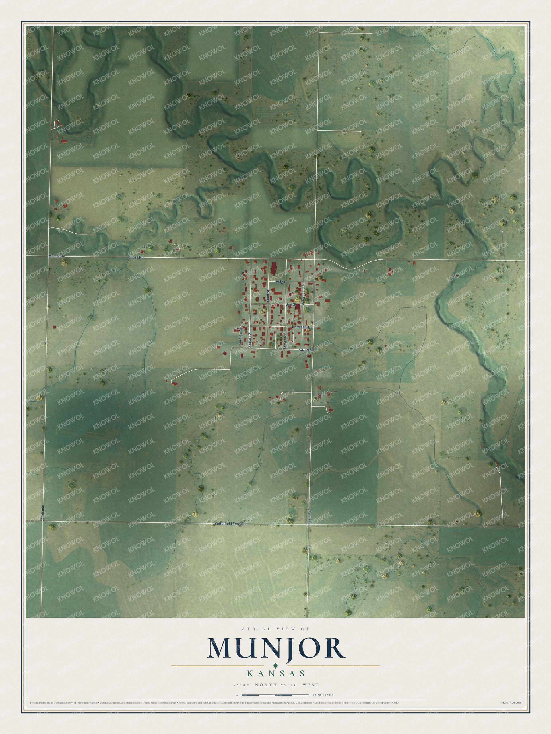 Full map of Munjor, Kansas, with red buildings, printed street names and the land around them