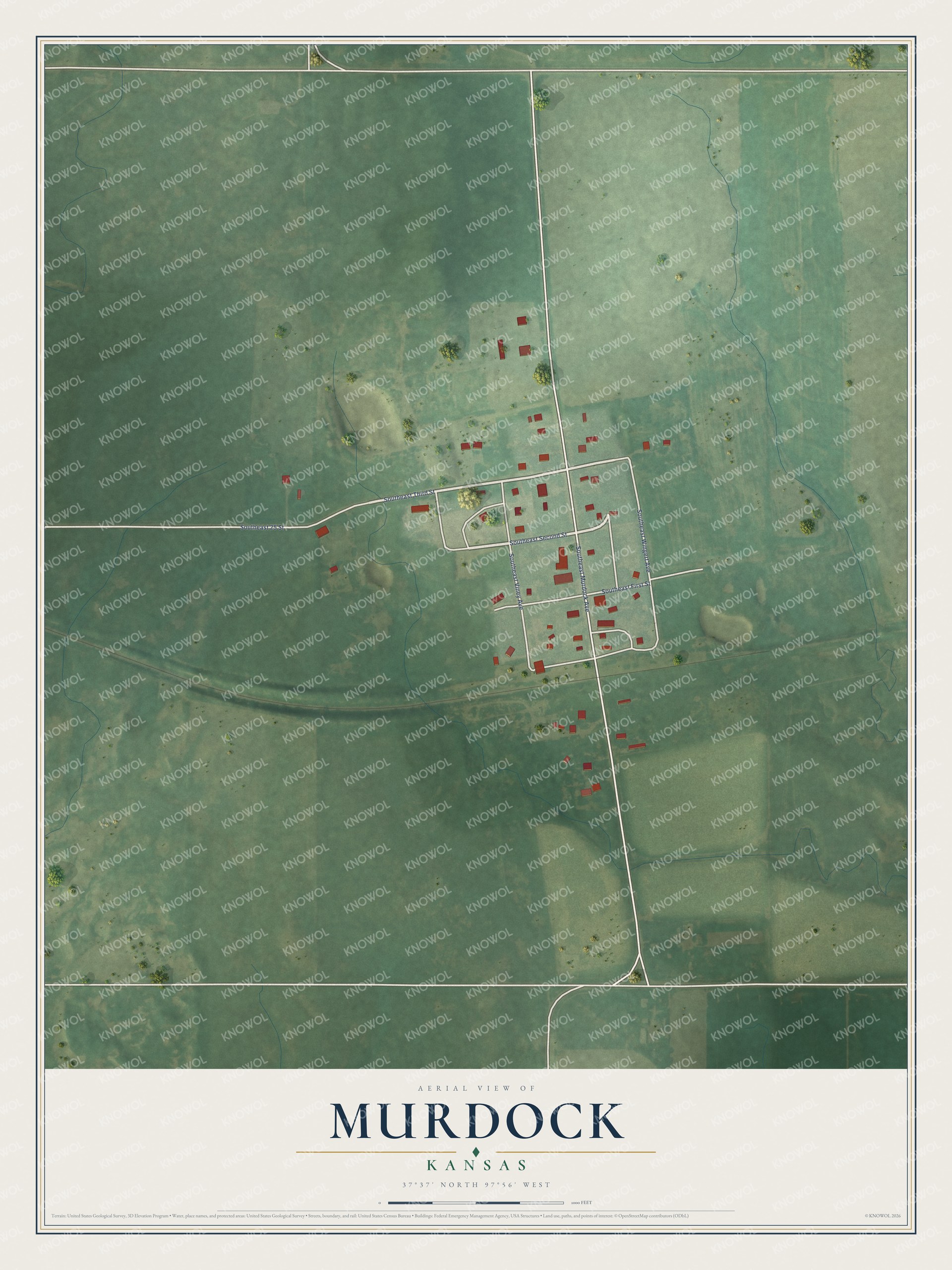 Full map of Murdock, Kansas, with red buildings, printed street names and the land around them