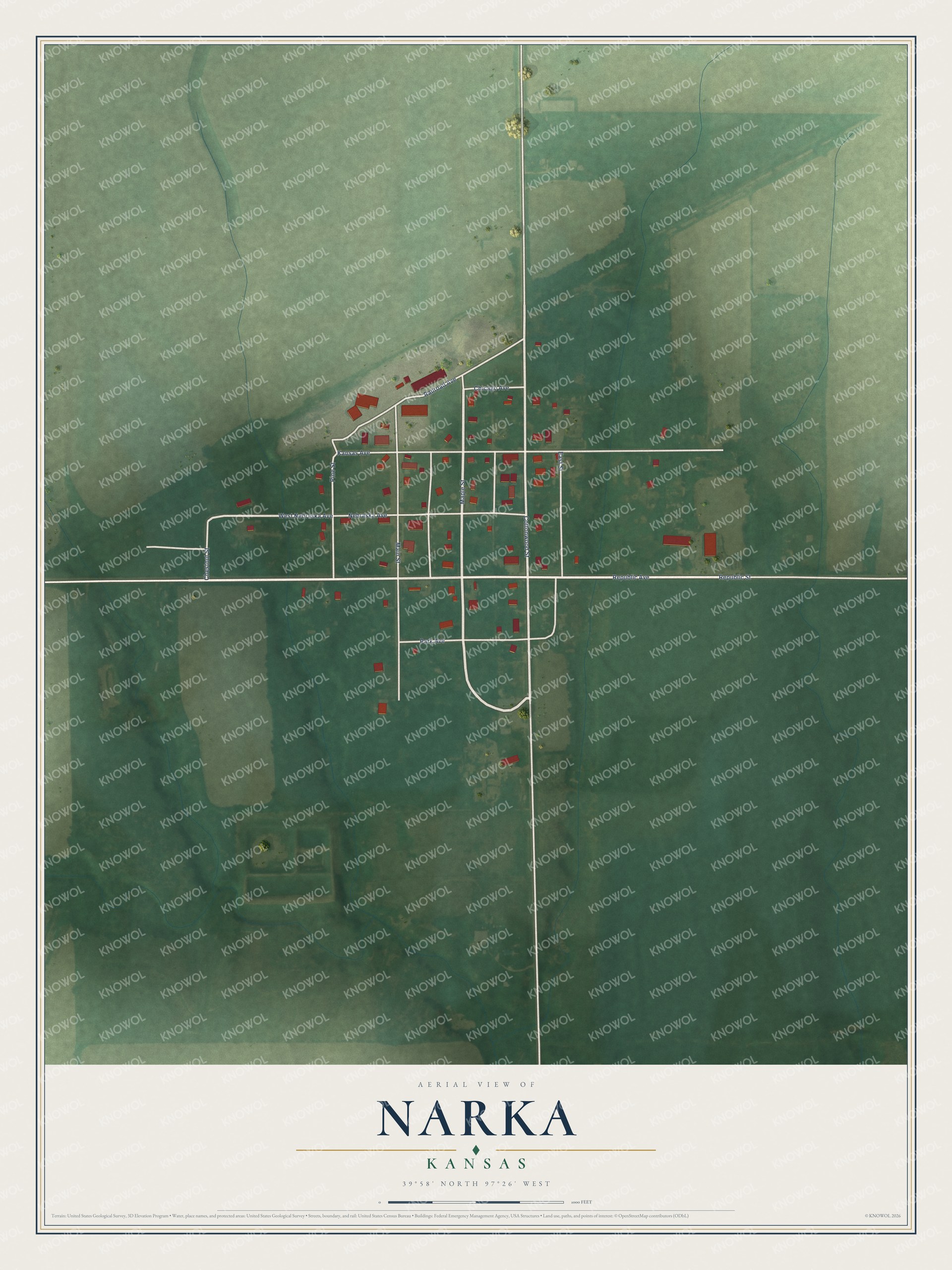 Full map of Narka, Kansas, with red buildings, printed street names and the land around them