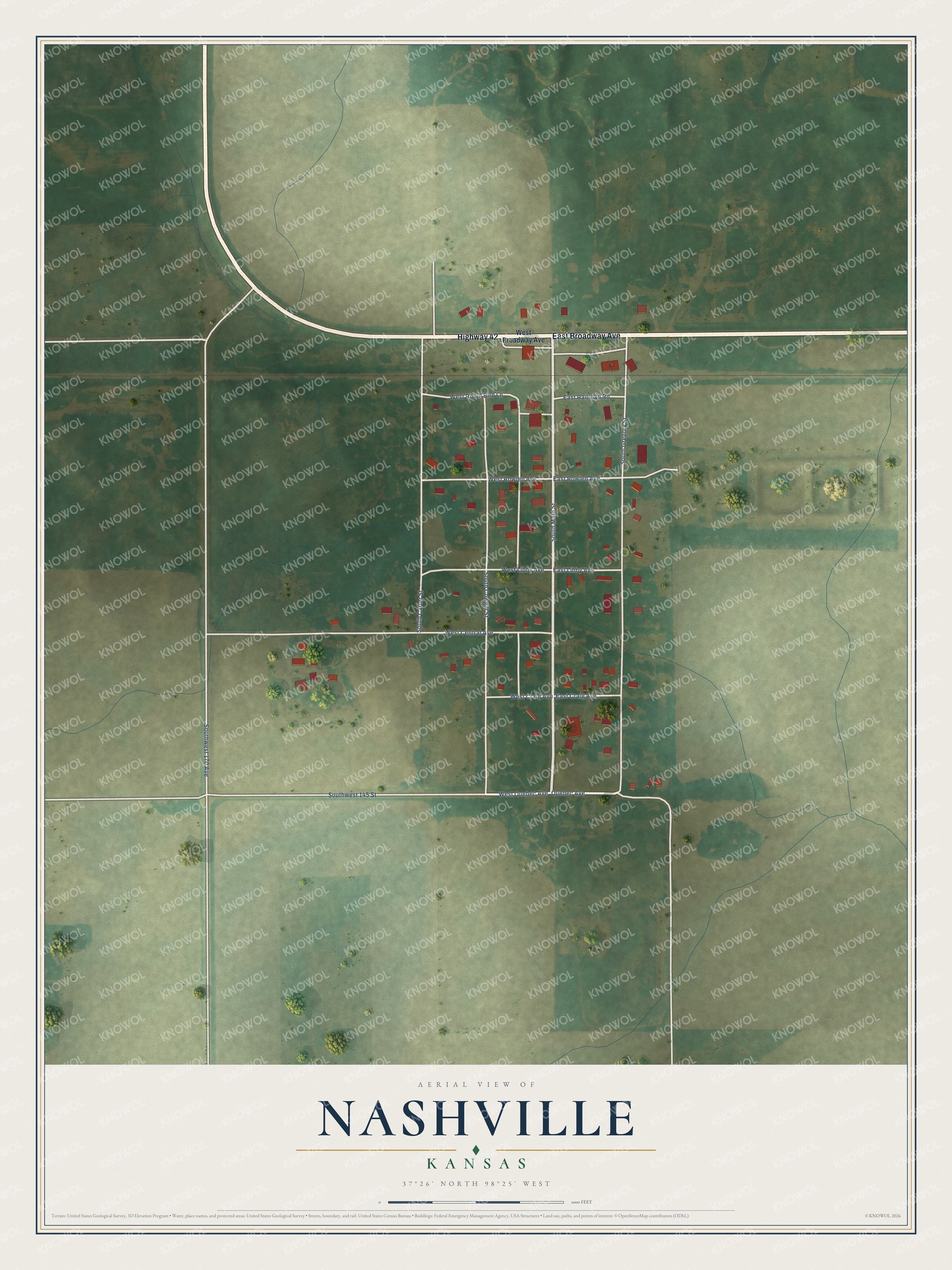 Full map of Nashville, Kansas, with red buildings, printed street names and the land around them