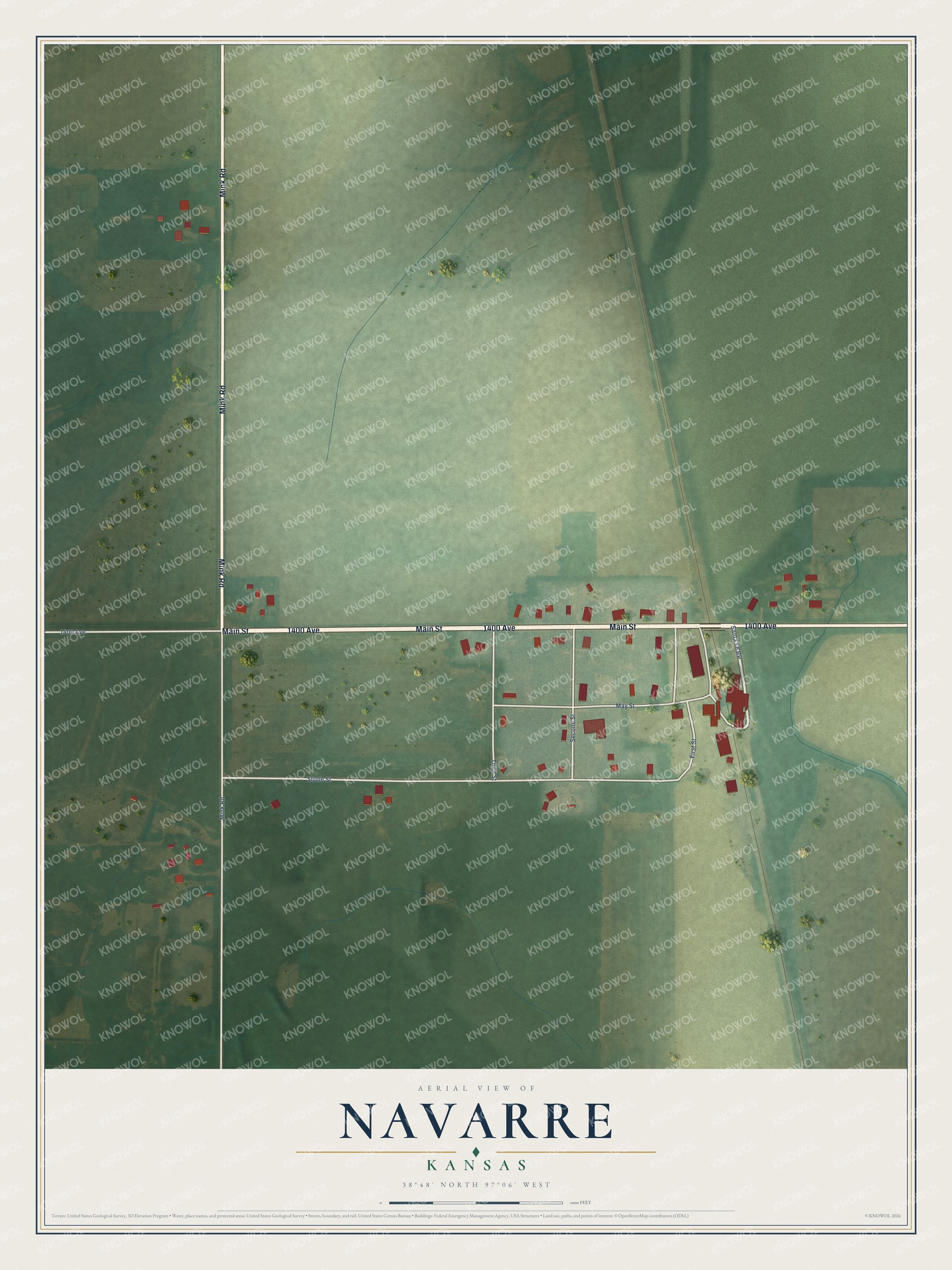 Full map of Navarre, Kansas, with red buildings, printed street names and the land around them