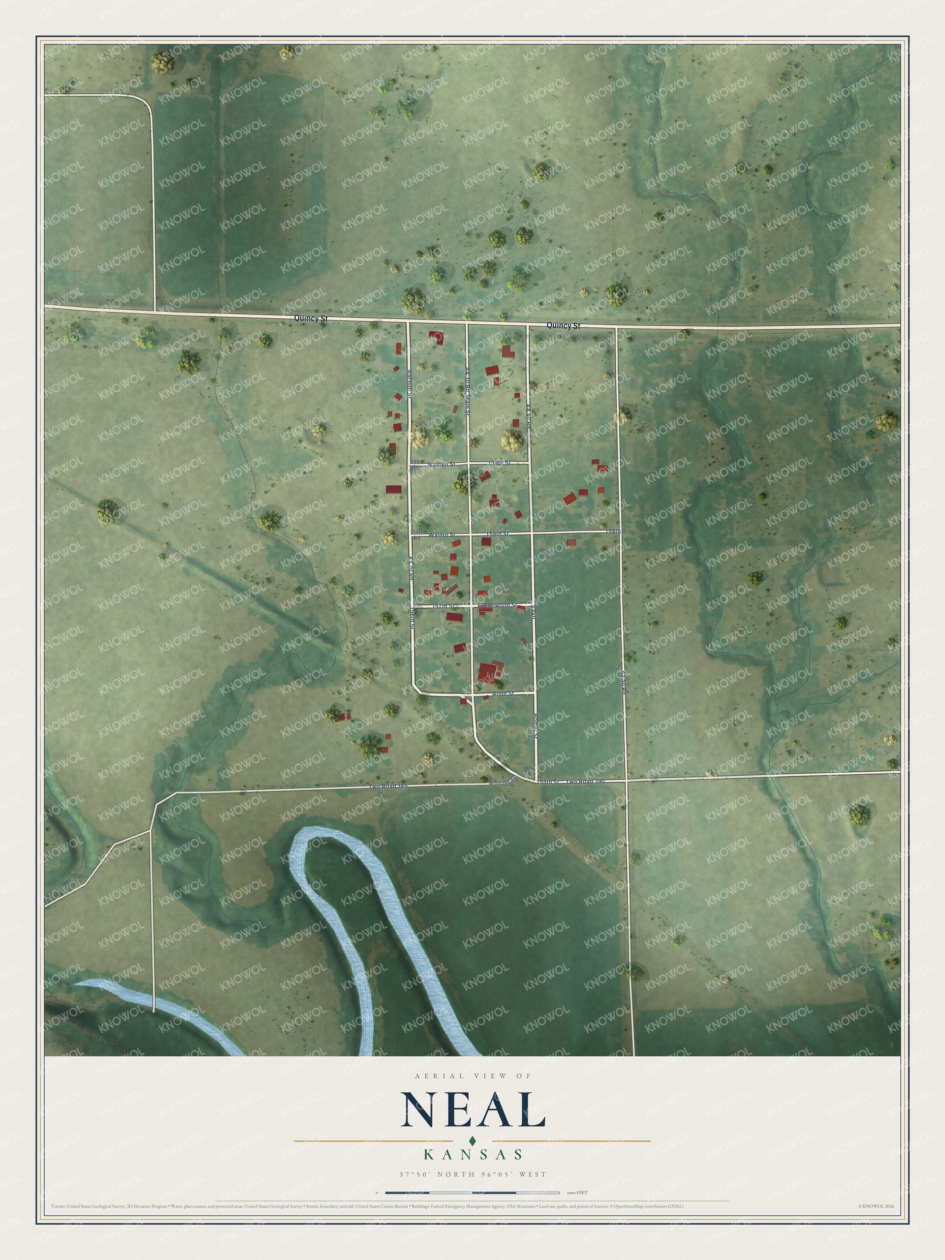 Full map of Neal, Kansas, with red buildings, printed street names and the land around them