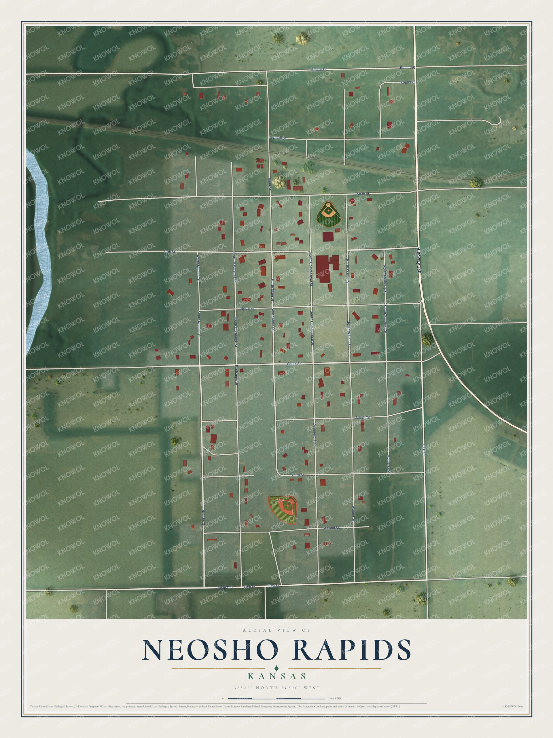 Full map of Neosho Rapids, Kansas, with red buildings, printed street names and the land around them