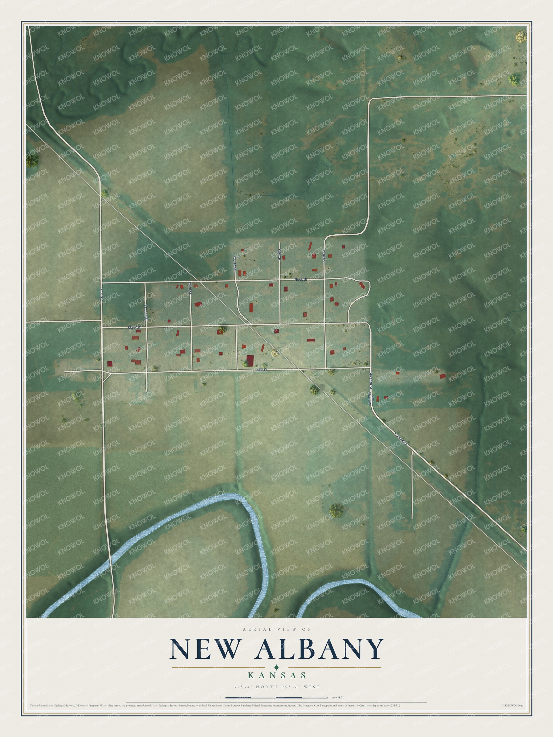 Full map of New Albany, Kansas, with red buildings, printed street names and the land around them