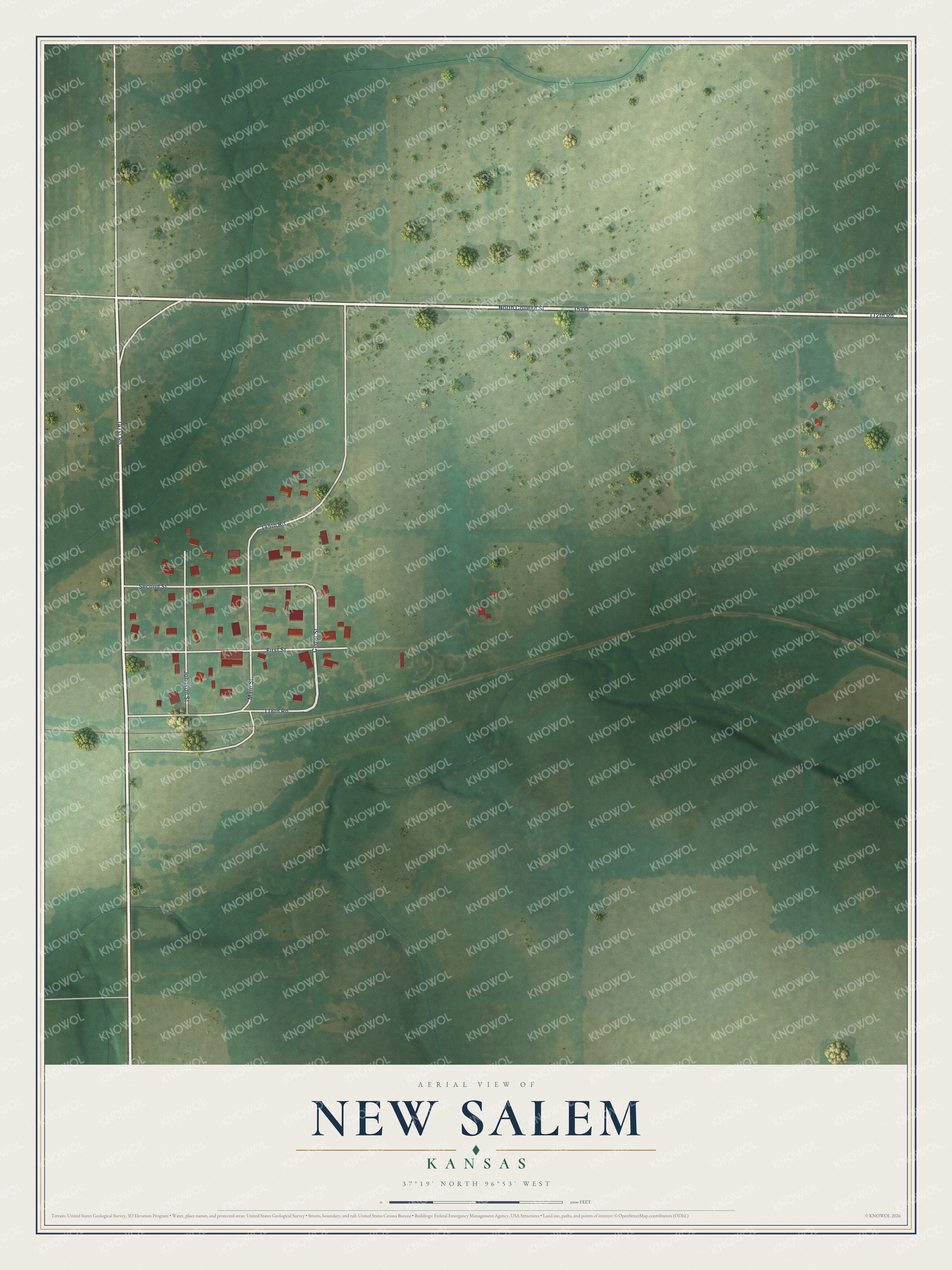 Full map of New Salem, Kansas, with red buildings, printed street names and the land around them