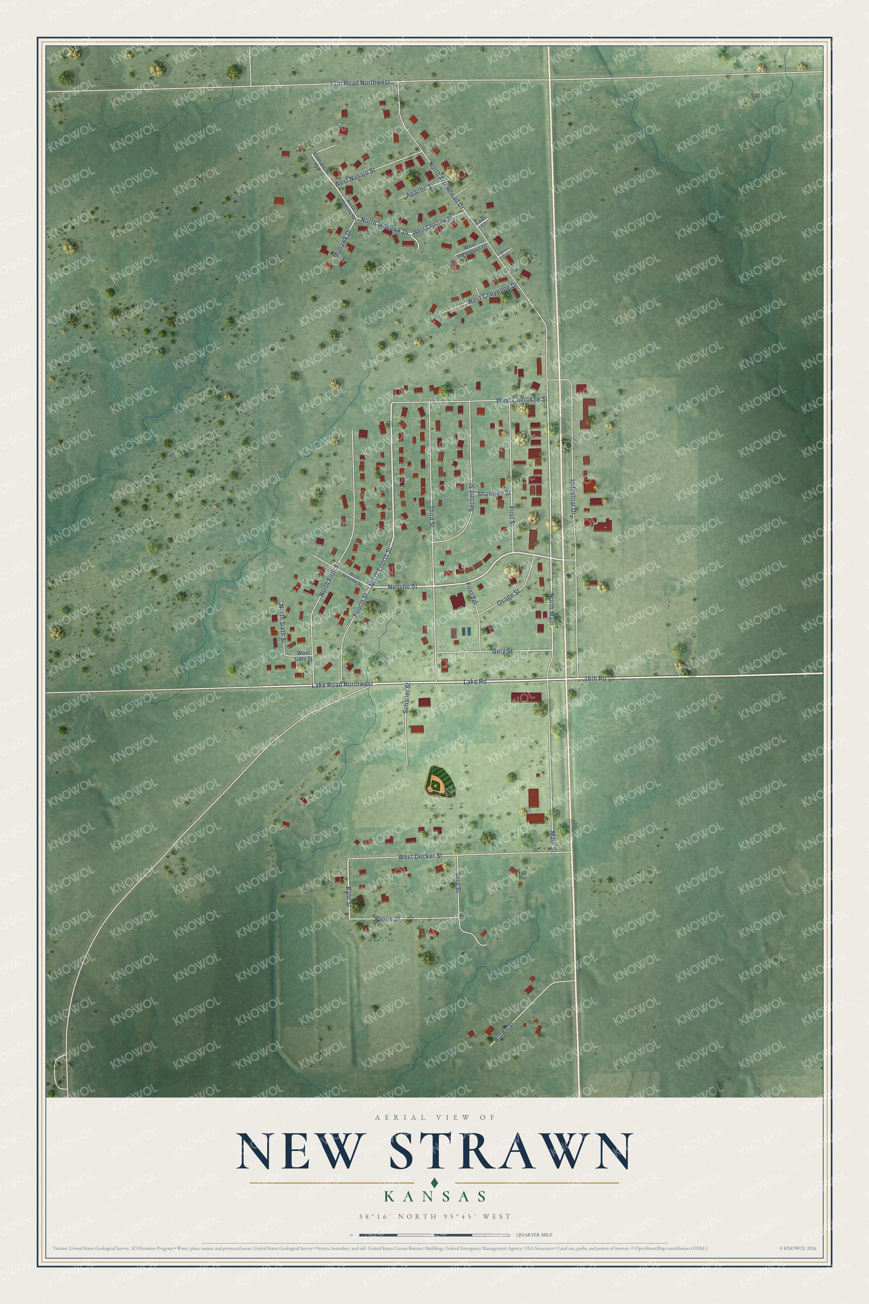 Full map of New Strawn, Kansas, with red buildings, printed street names and the land around them