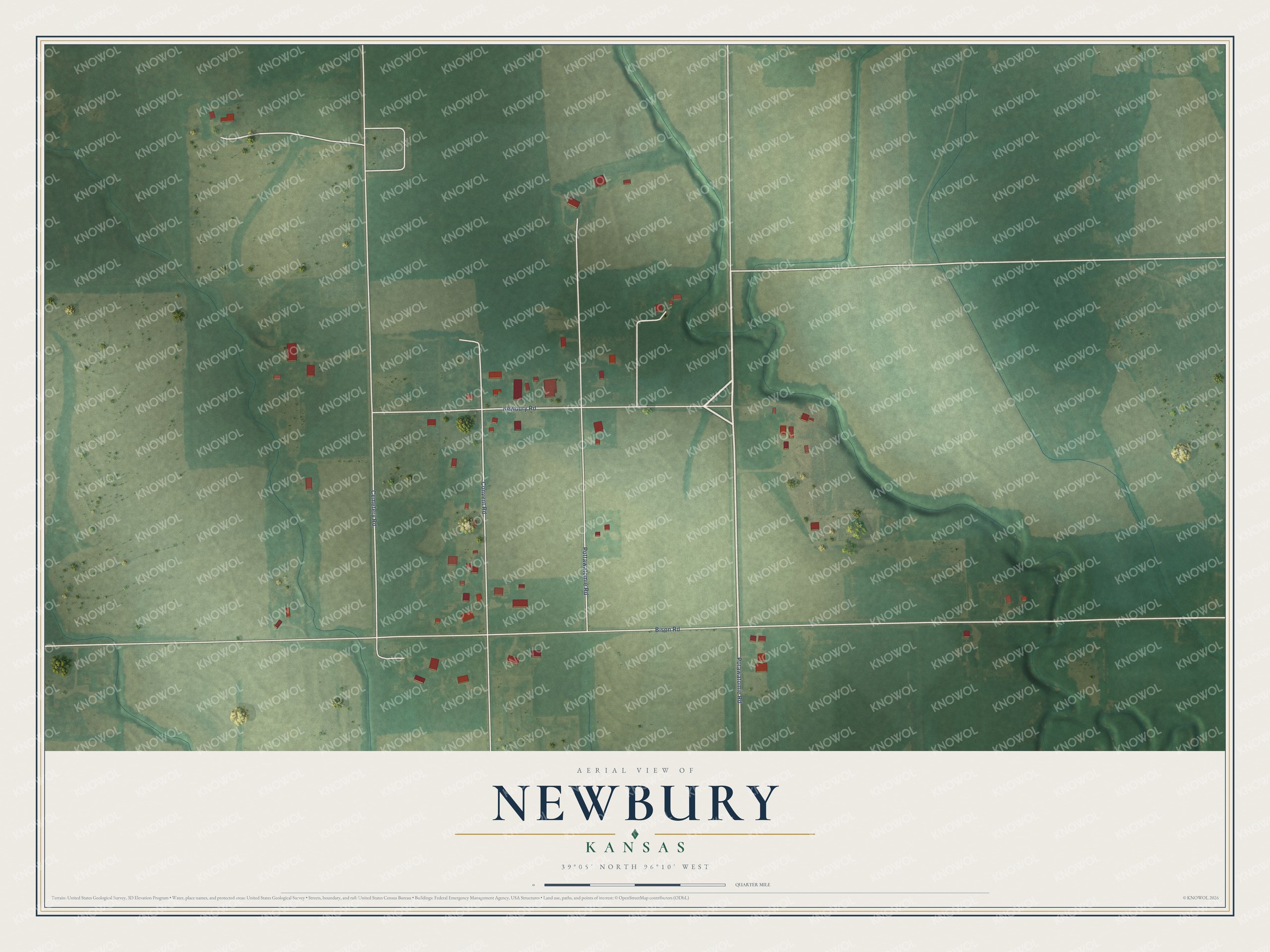 Full map of Newbury, Kansas, with red buildings, printed street names and the land around them