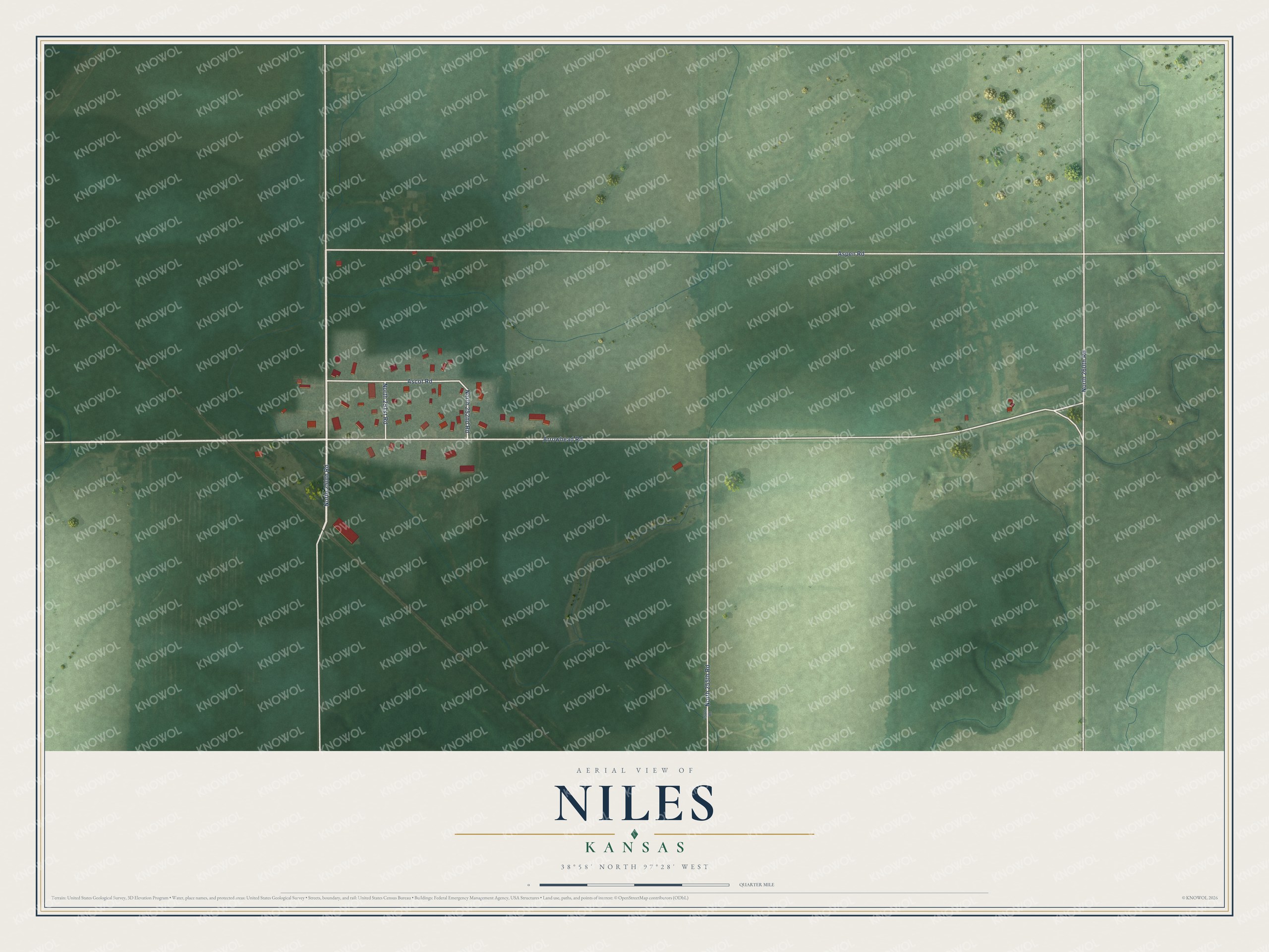 Full map of Niles, Kansas, with red buildings, printed street names and the land around them