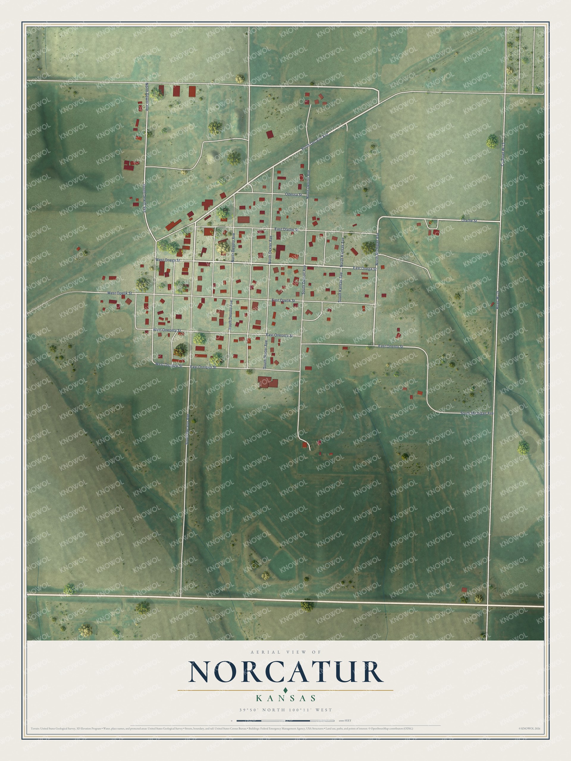 Full map of Norcatur, Kansas, with red buildings, printed street names and the land around them