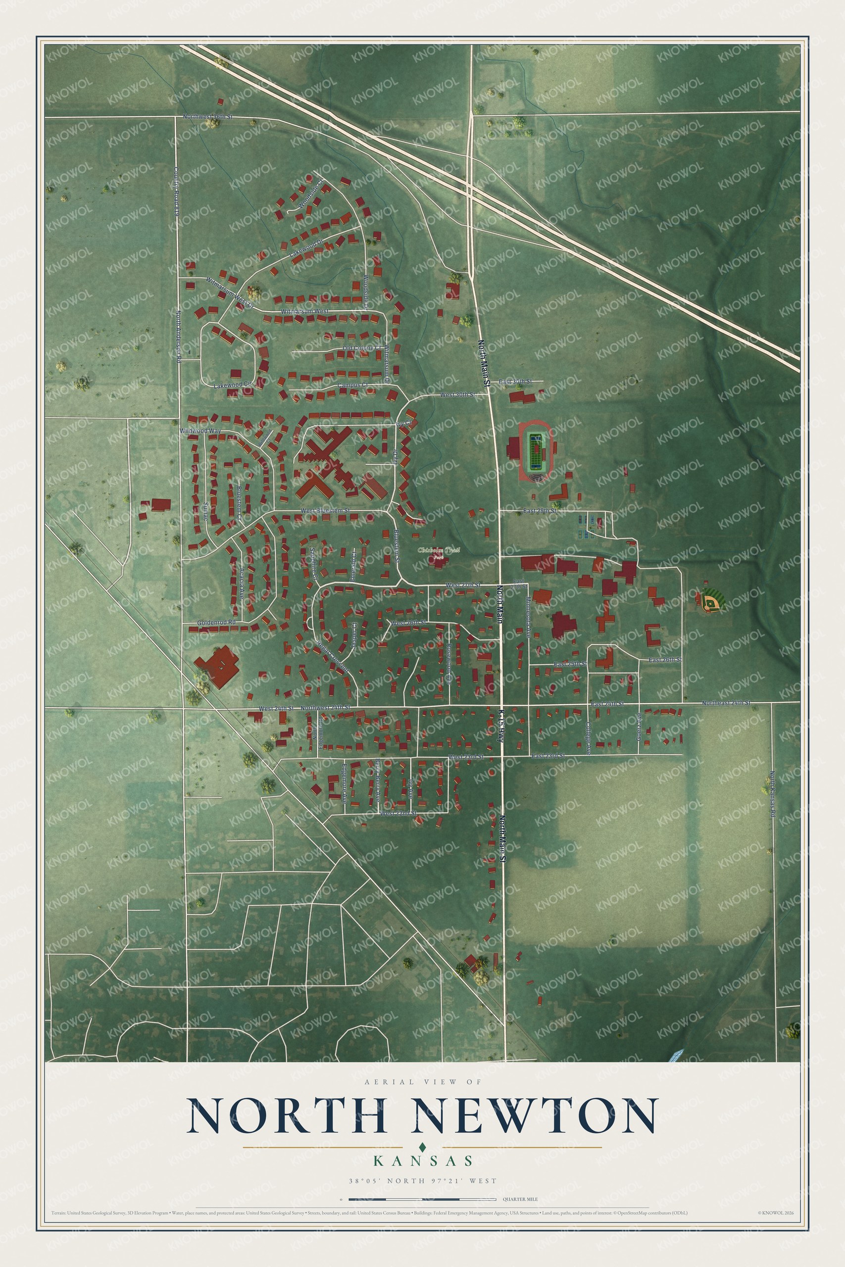 Full map of North Newton, Kansas, with red buildings, printed street names and the land around them