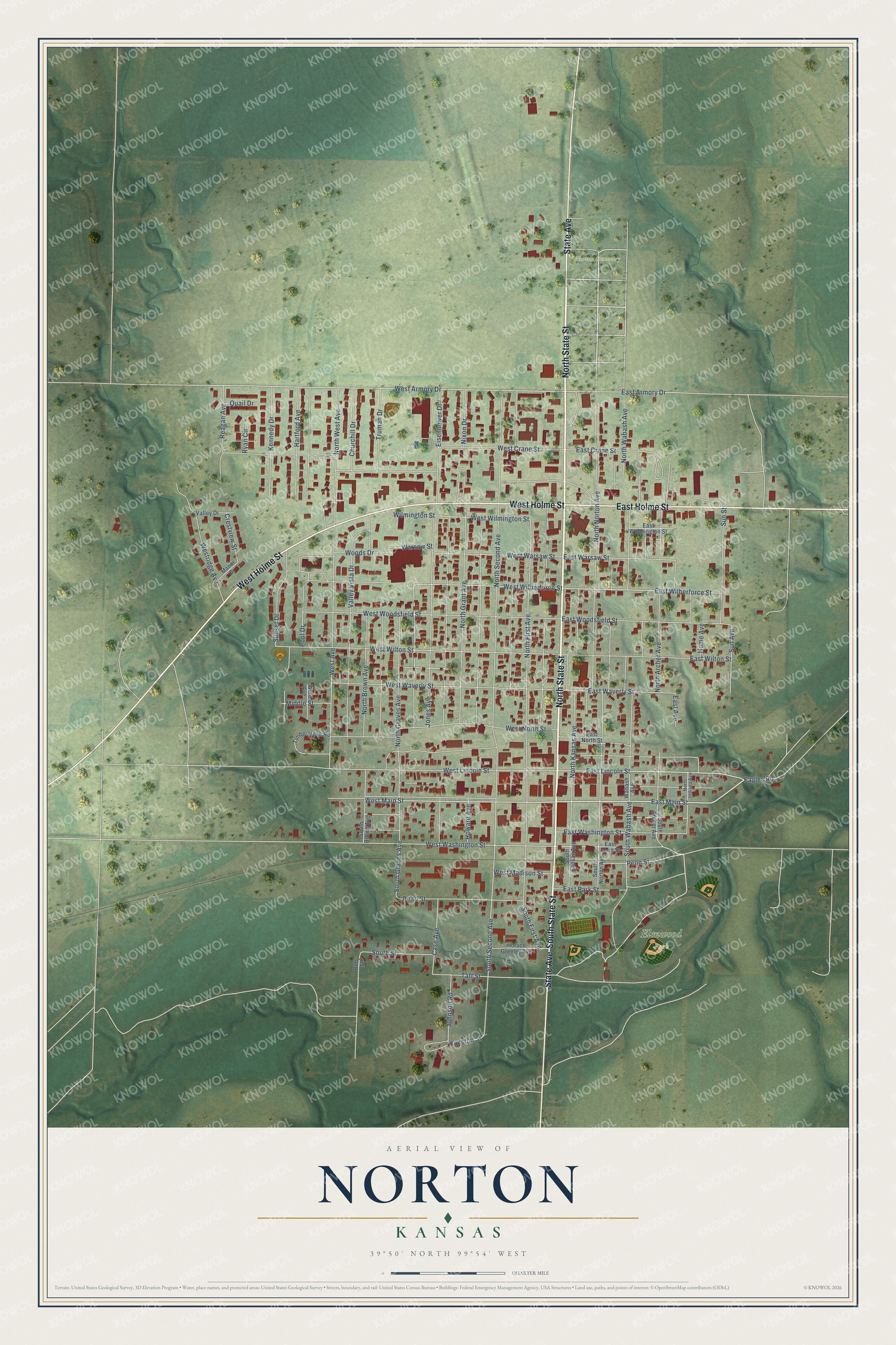 Full map of Norton, Kansas, with red buildings, printed street names and the land around them