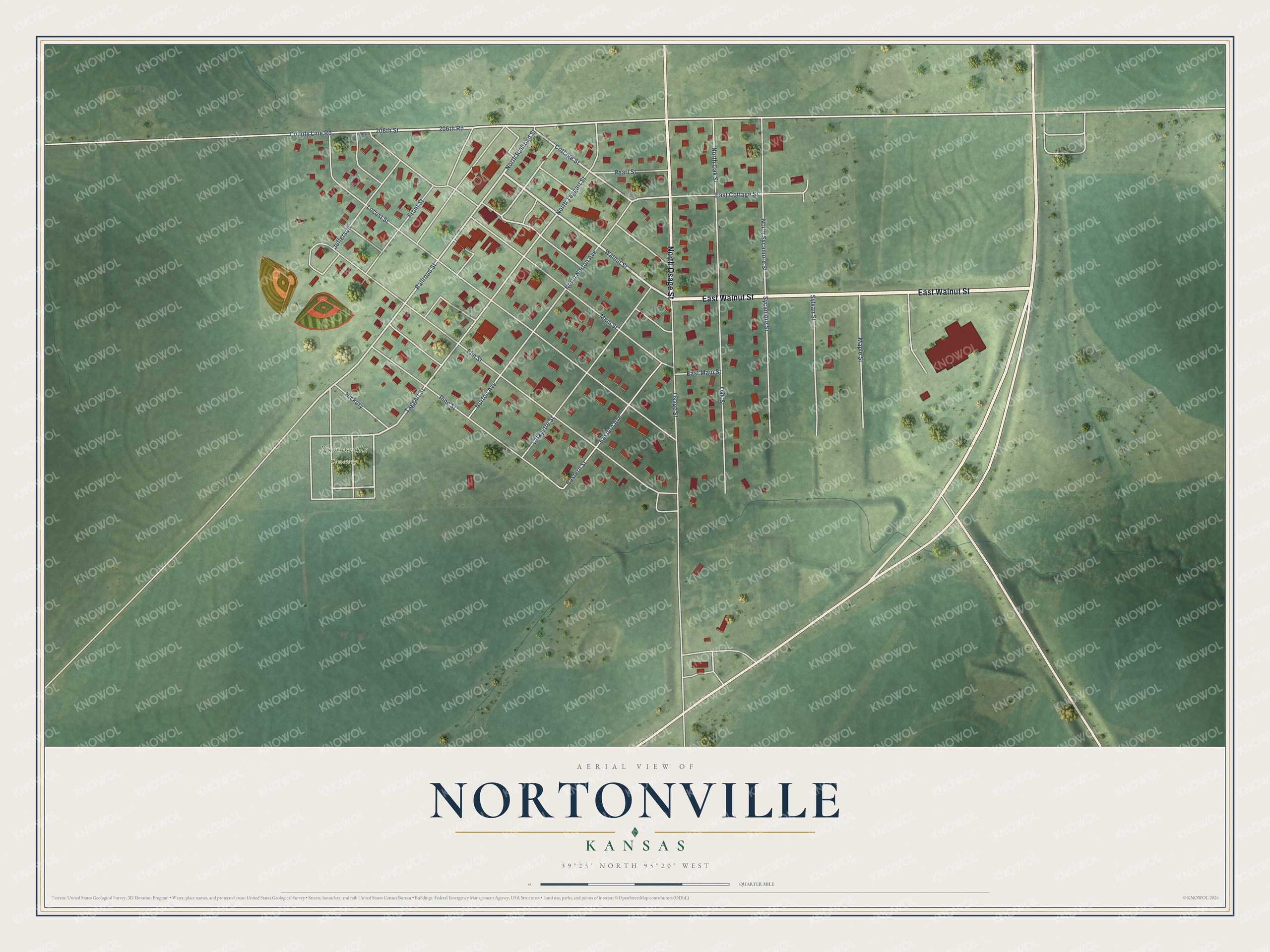 Full map of Nortonville, Kansas, with red buildings, printed street names and the land around them