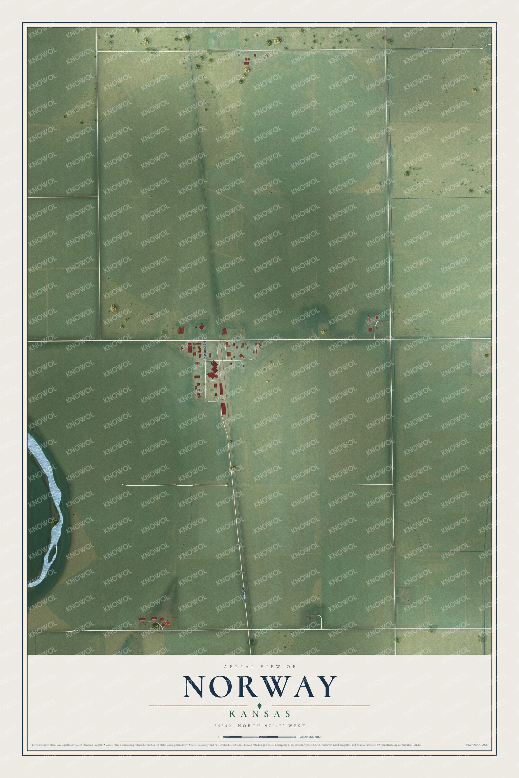 Full map of Norway, Kansas, with red buildings, printed street names and the land around them